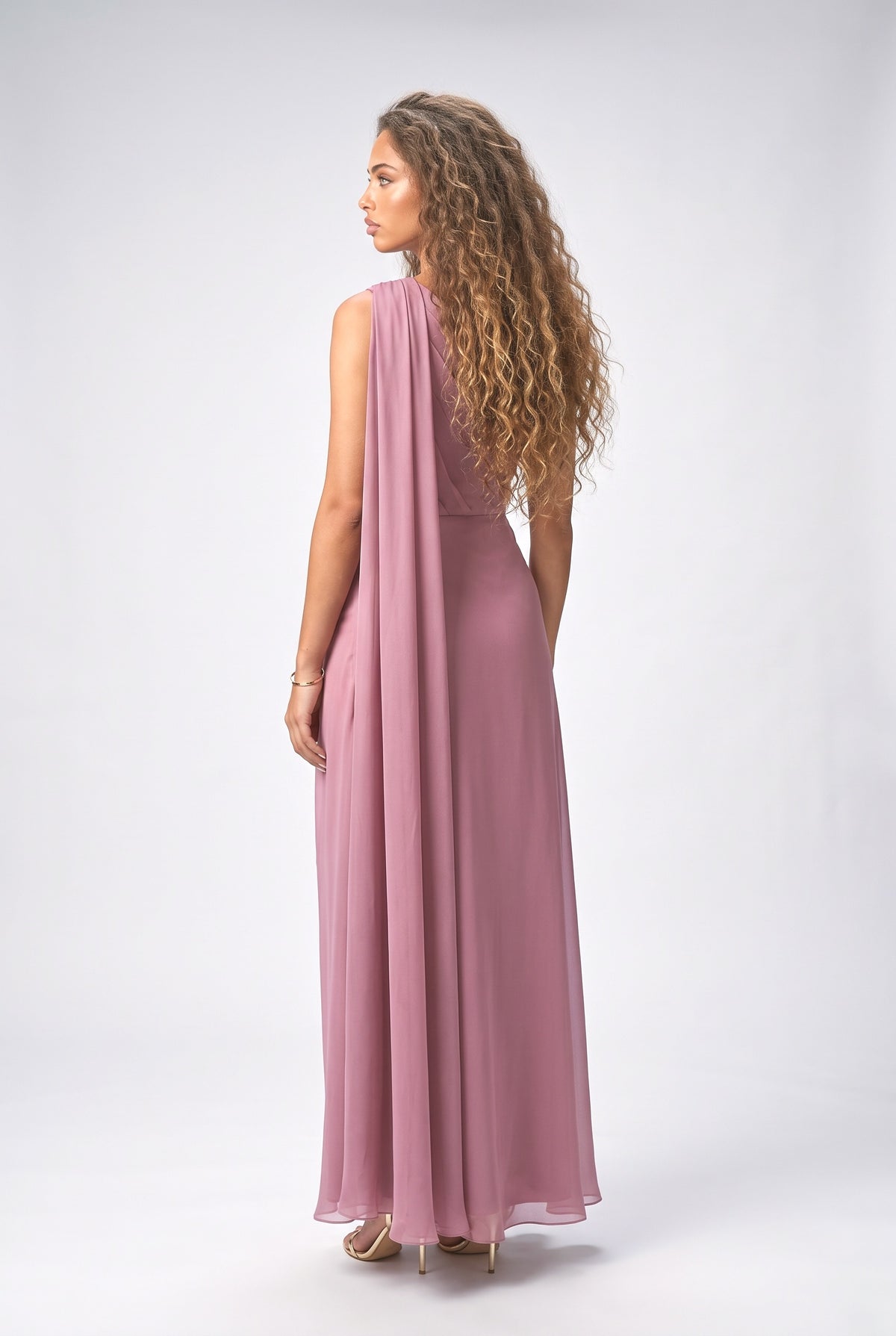 Pink One-Shoulder Draped Maxi Dress, back view