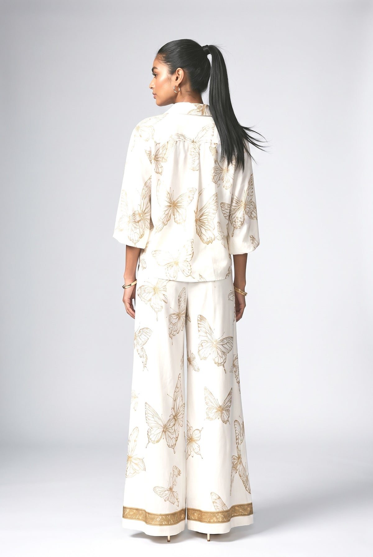 Butterfly Print Zip-Up Top & Wide Leg Pants Set, back view