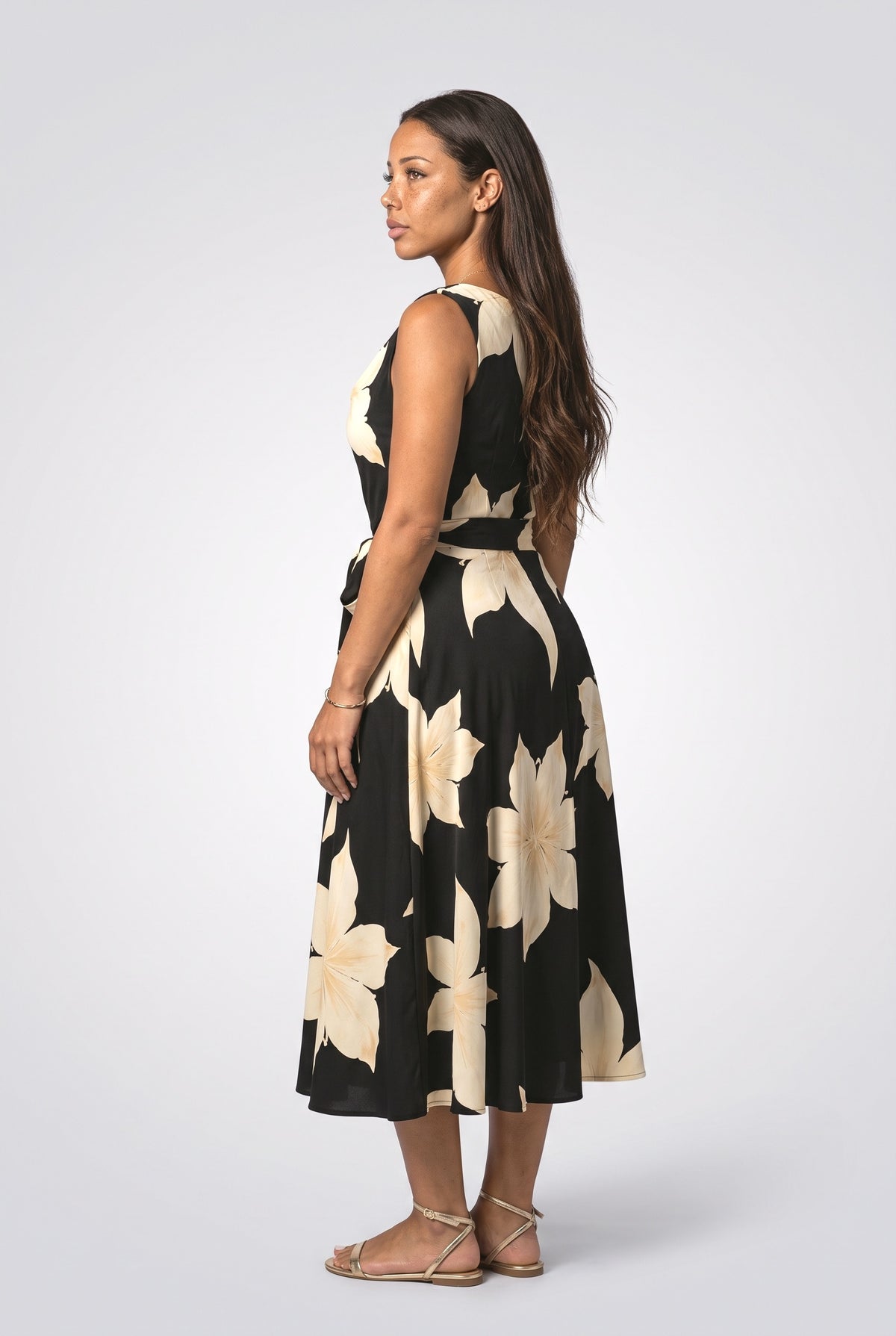 Cowl Neck Floral Sleeveless Midi Dress, back view