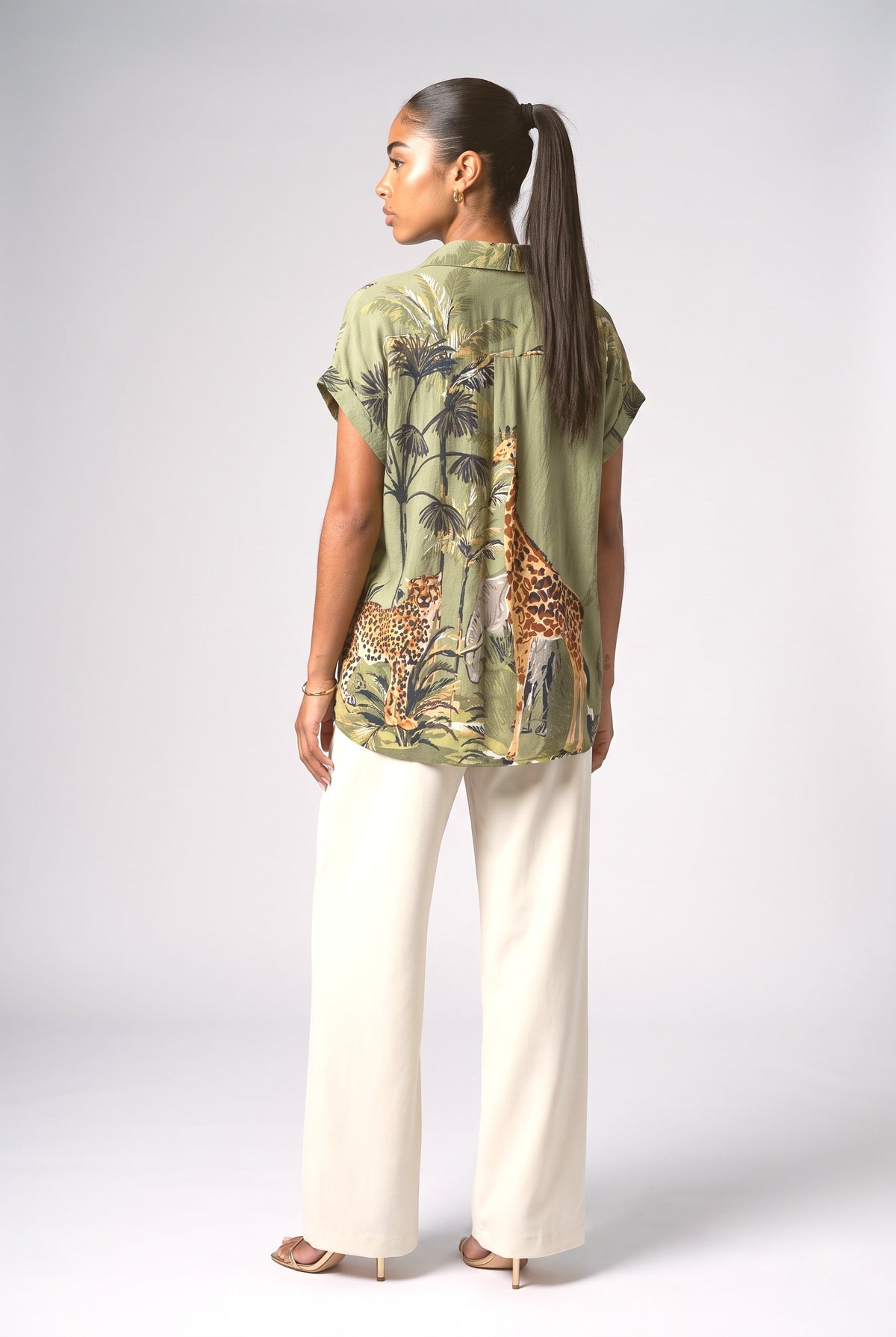 Jungle Print Loose Button-Down Shirt, back view