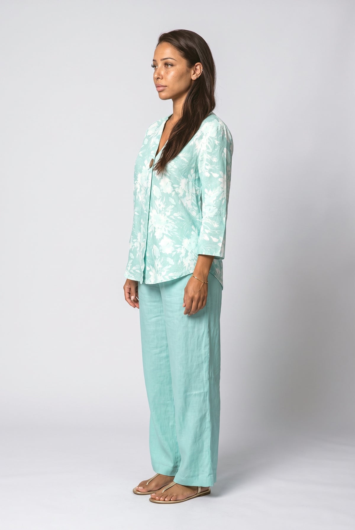 Green V-Neck Floral Two Piece Outfit, back view