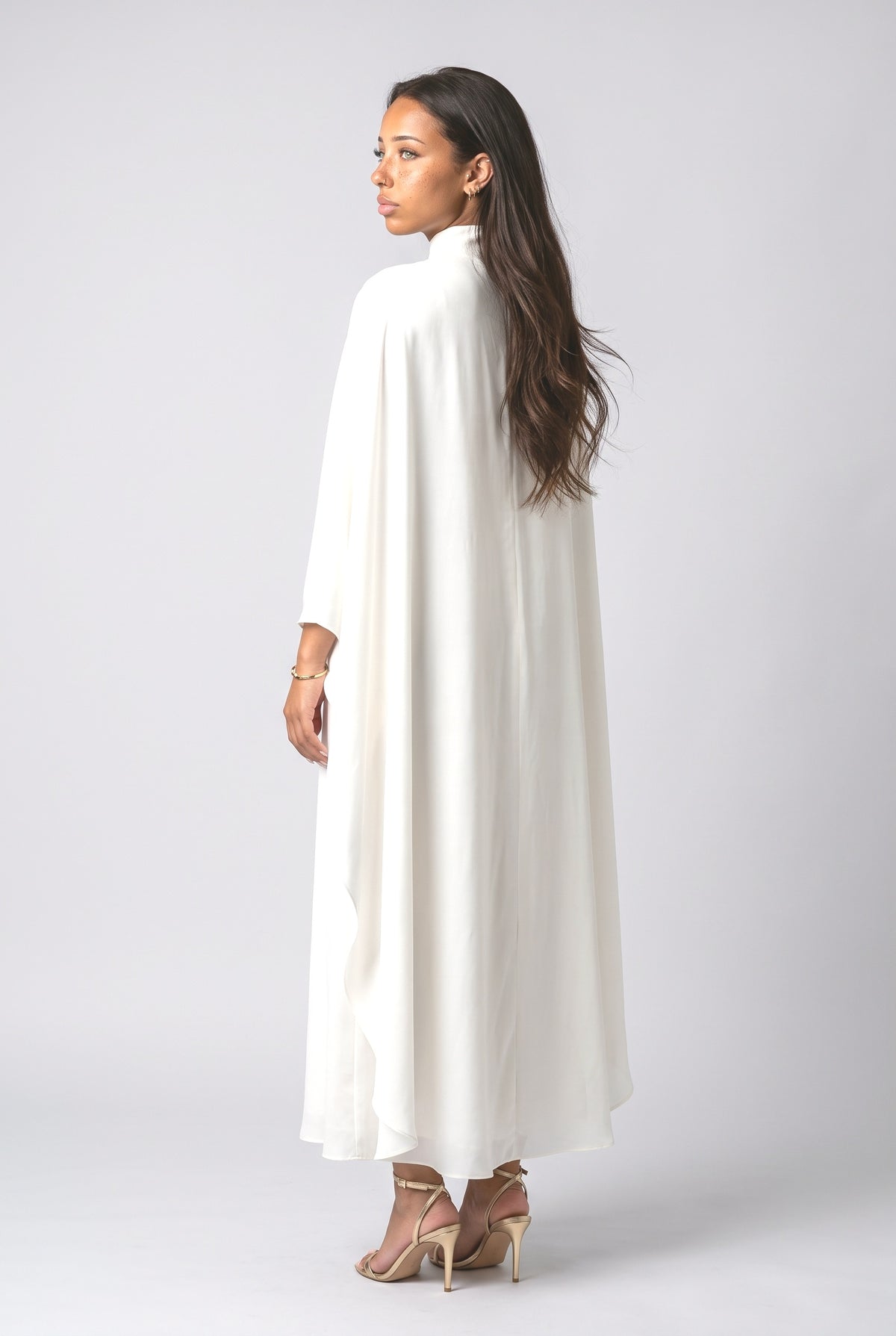High-Neck Flowing Cape Maxi Dress, back view
