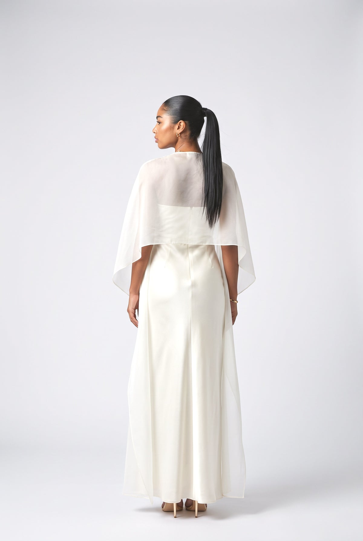 Sheer Cape Overlay Satin Maxi Dress, back view