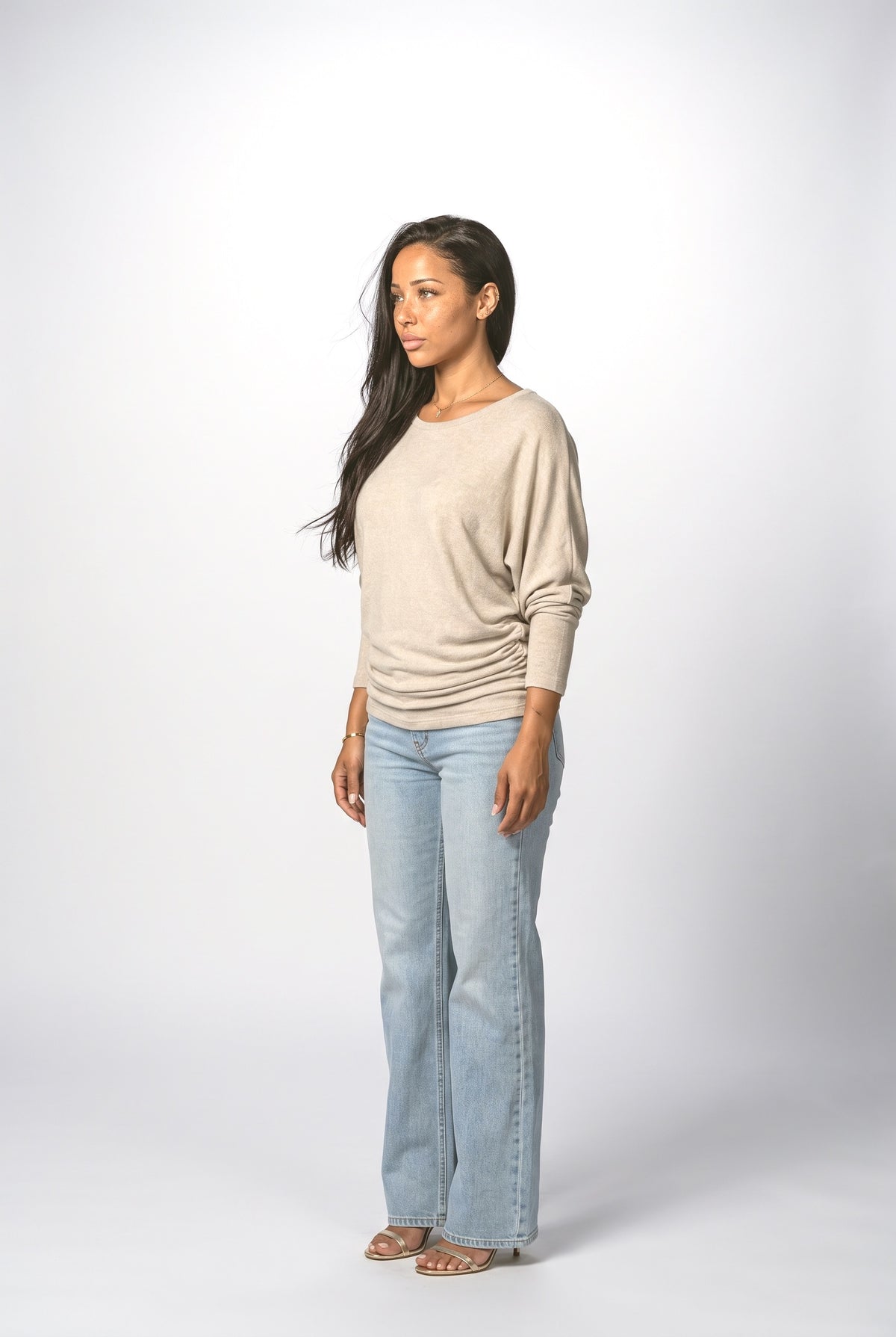 Knit Batwing Sleeve Ruched Pullover Sweater, back view