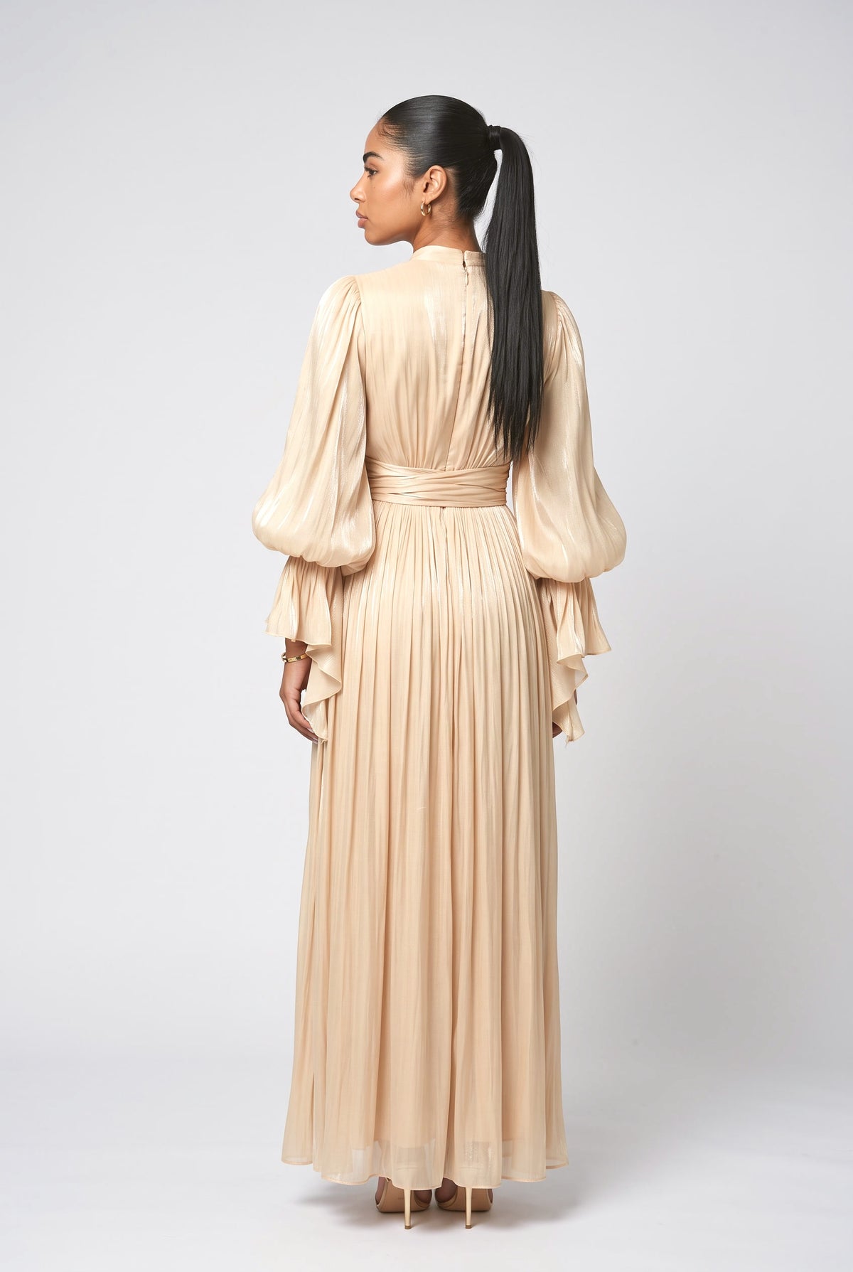Pleated Waist Long-Sleeved Chiffon Evening Maxi Dress, back view