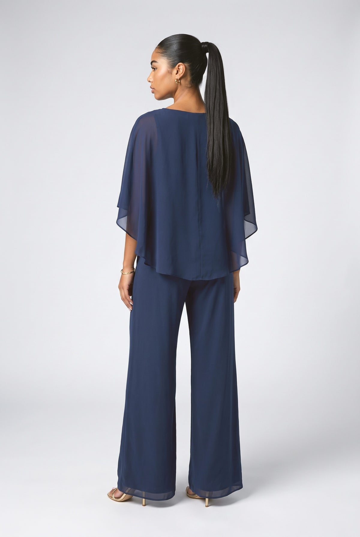 Blue Chiffon Cape Top & Wide-Leg Pants Two-Piece Set, back view