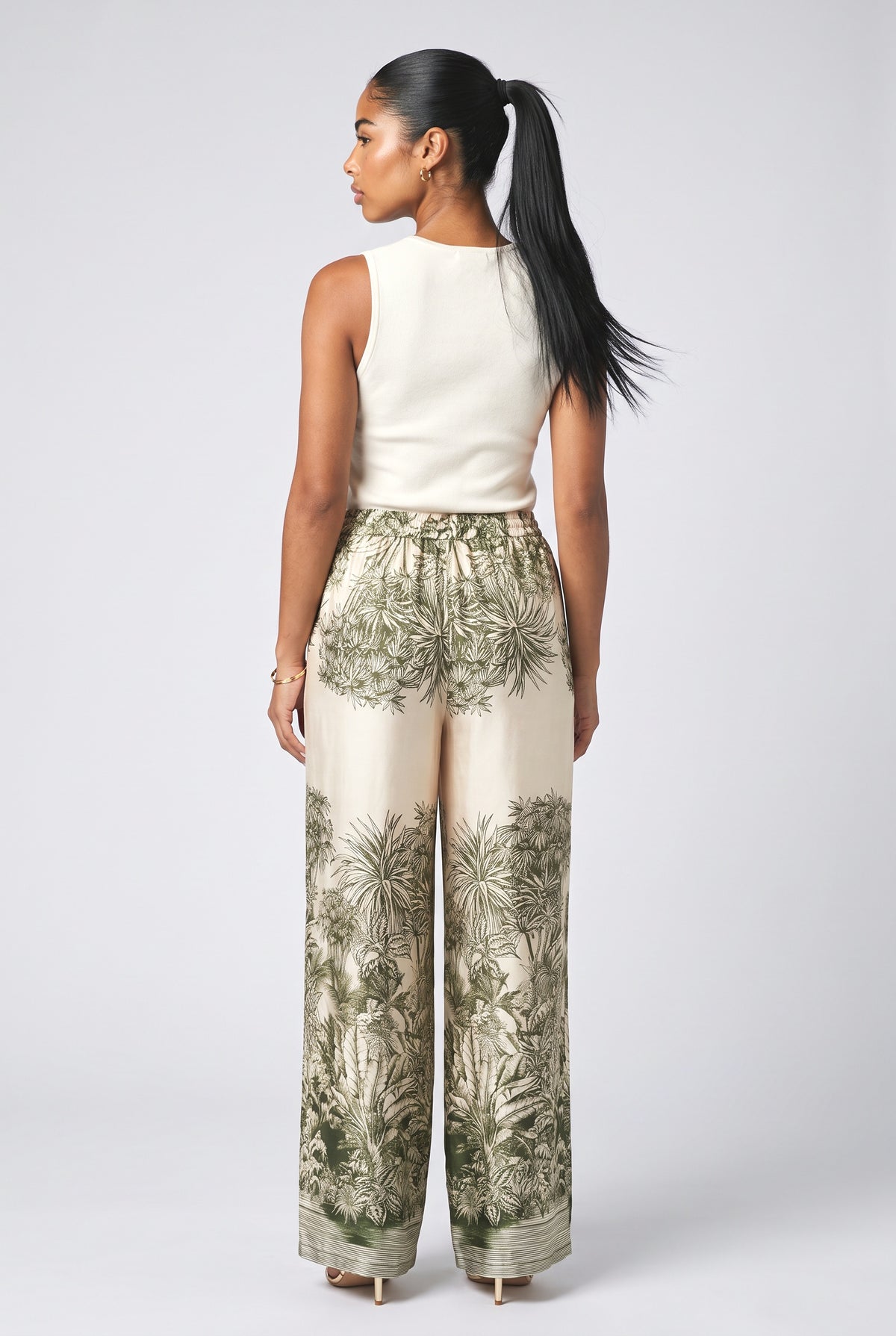 Palm Leaf Print Elastic Waist Wide-Leg Pants, back view