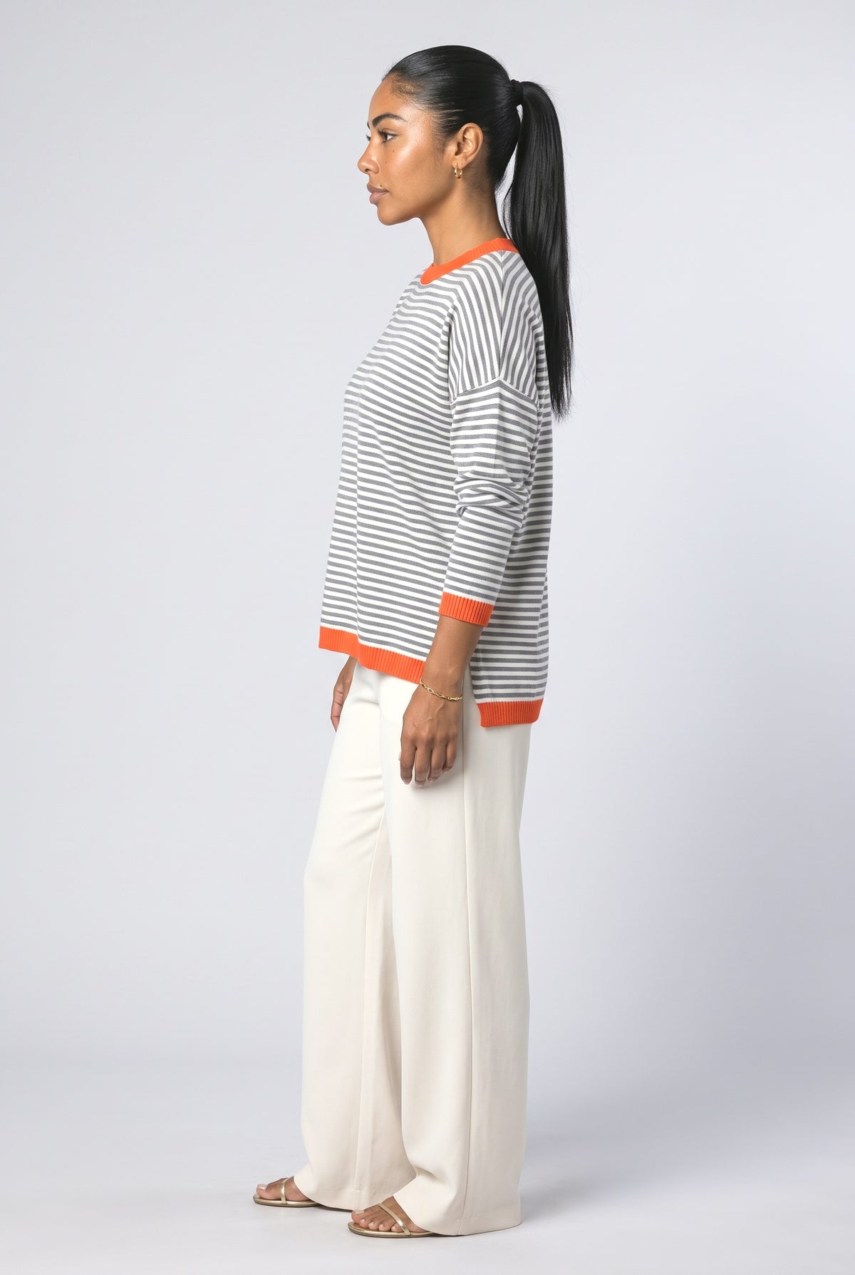 White Striped Long Sleeve Pullover Sweater, back view