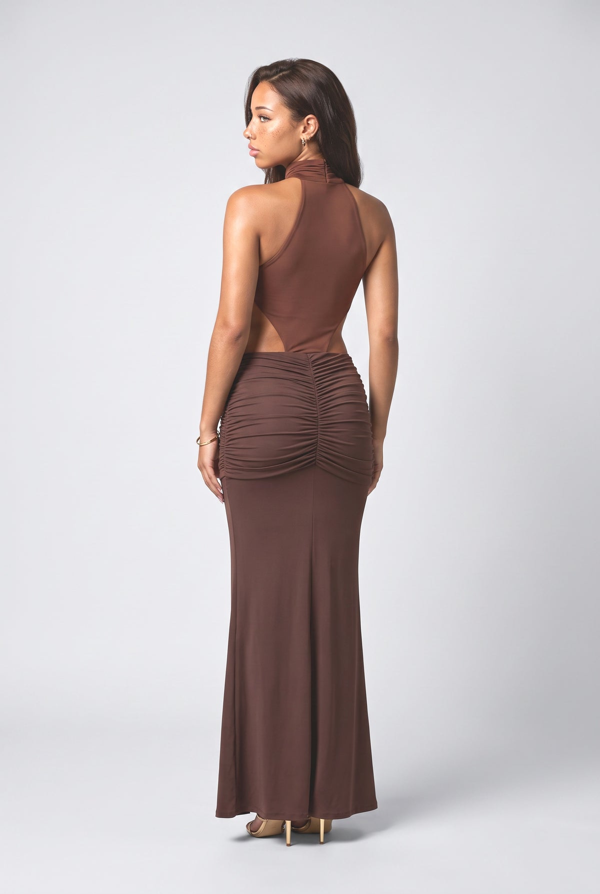 Brown Halter Neck Ruched Maxi Dress, back view