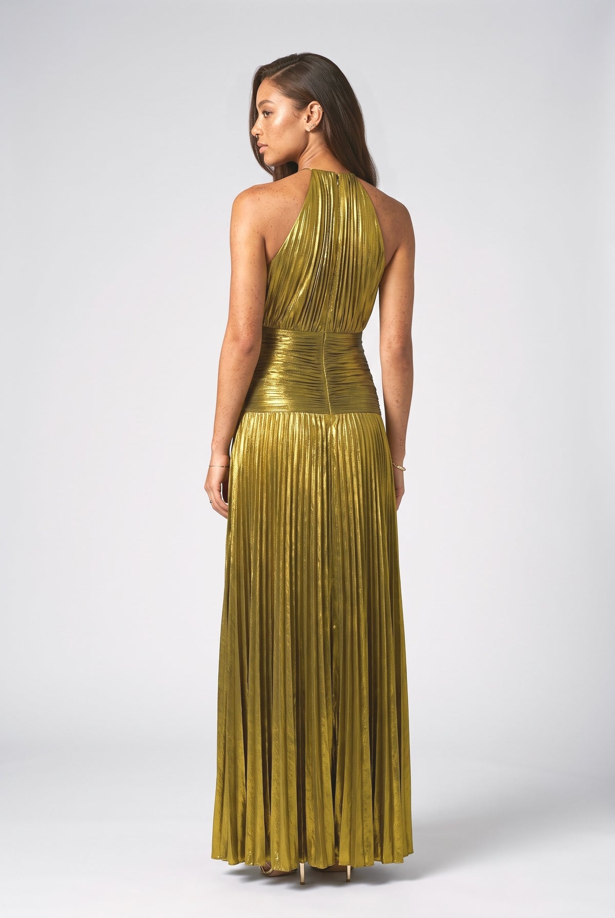 Metallic Pleated Halter Neck Maxi Dress, back view
