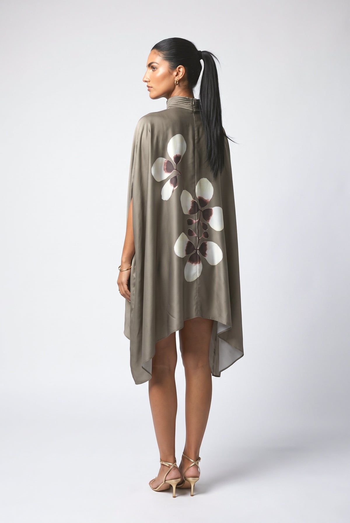 Blue Floral Satin High Neck Batwing Sleeve Pleated Mini Dress, back view