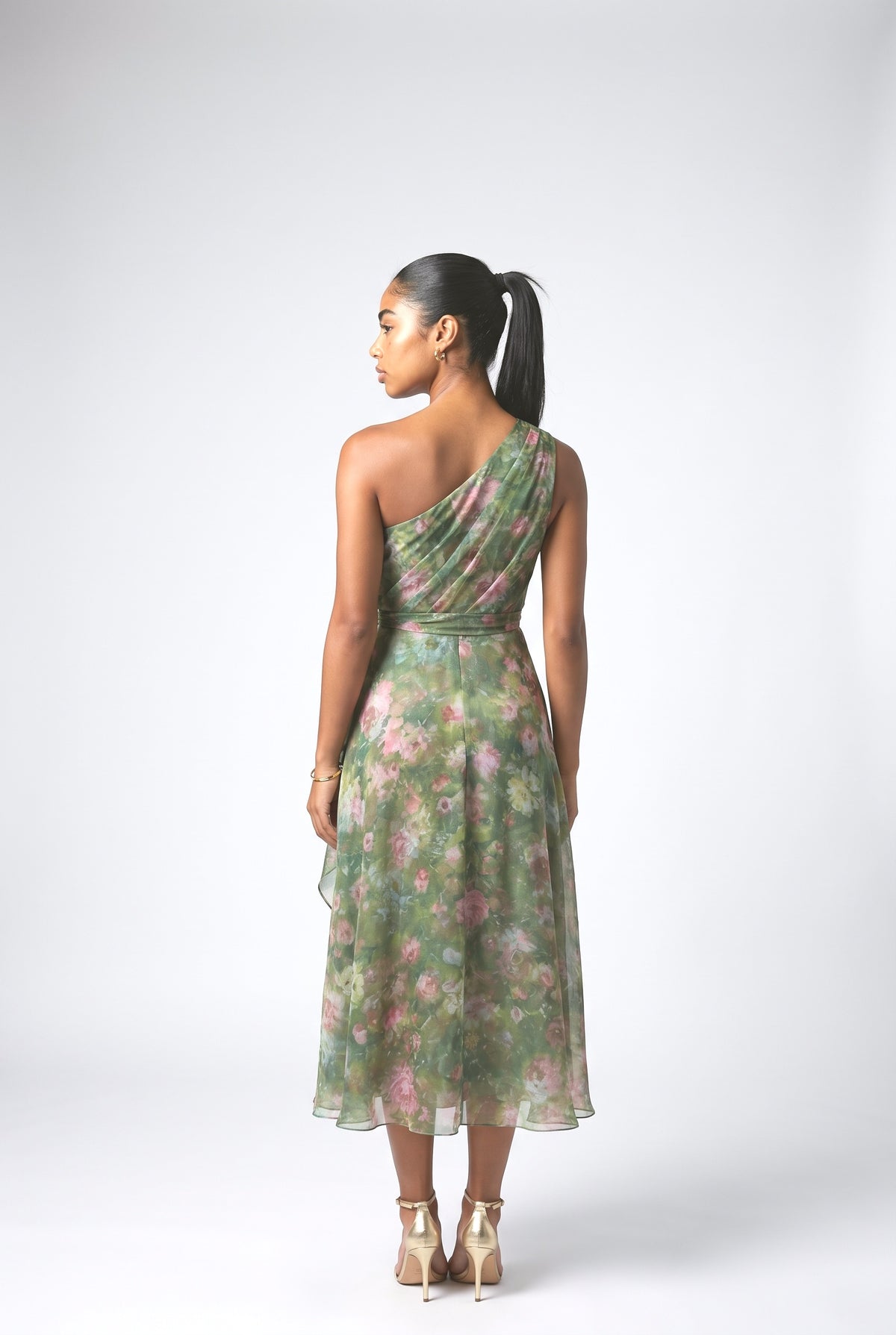 Green Floral Chiffon One-Shoulder Ruffle Midi Dress, back view