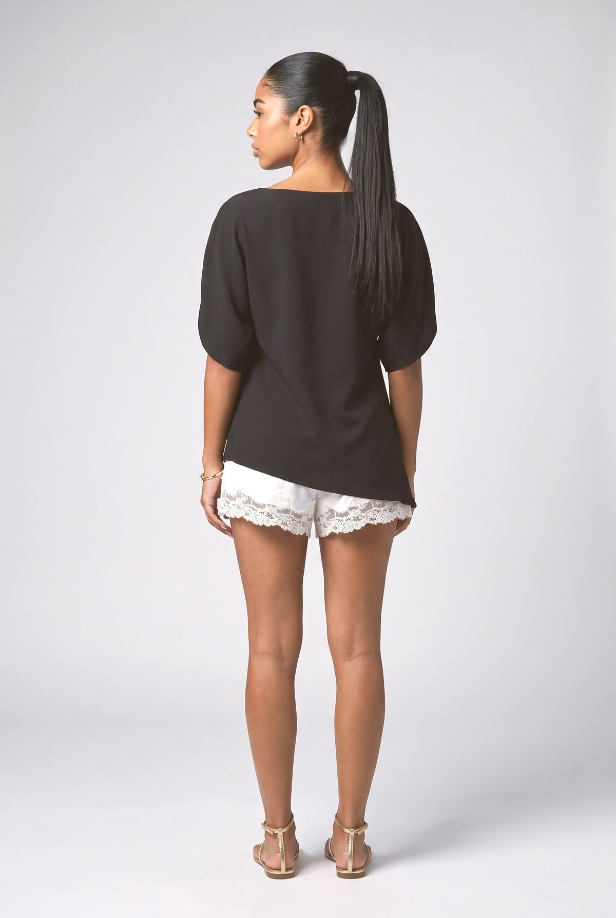 Boat Collar Irregular Hem Shirt and Lace Shorts Set, back view
