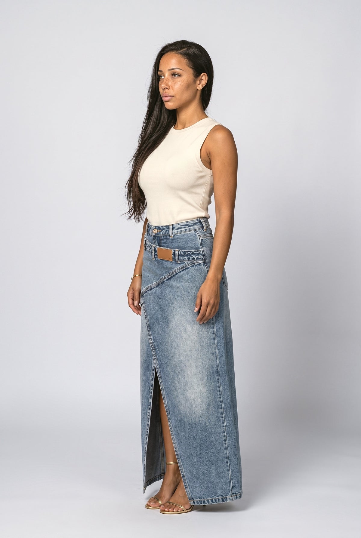 Denim Slit Maxi Skirt, back view