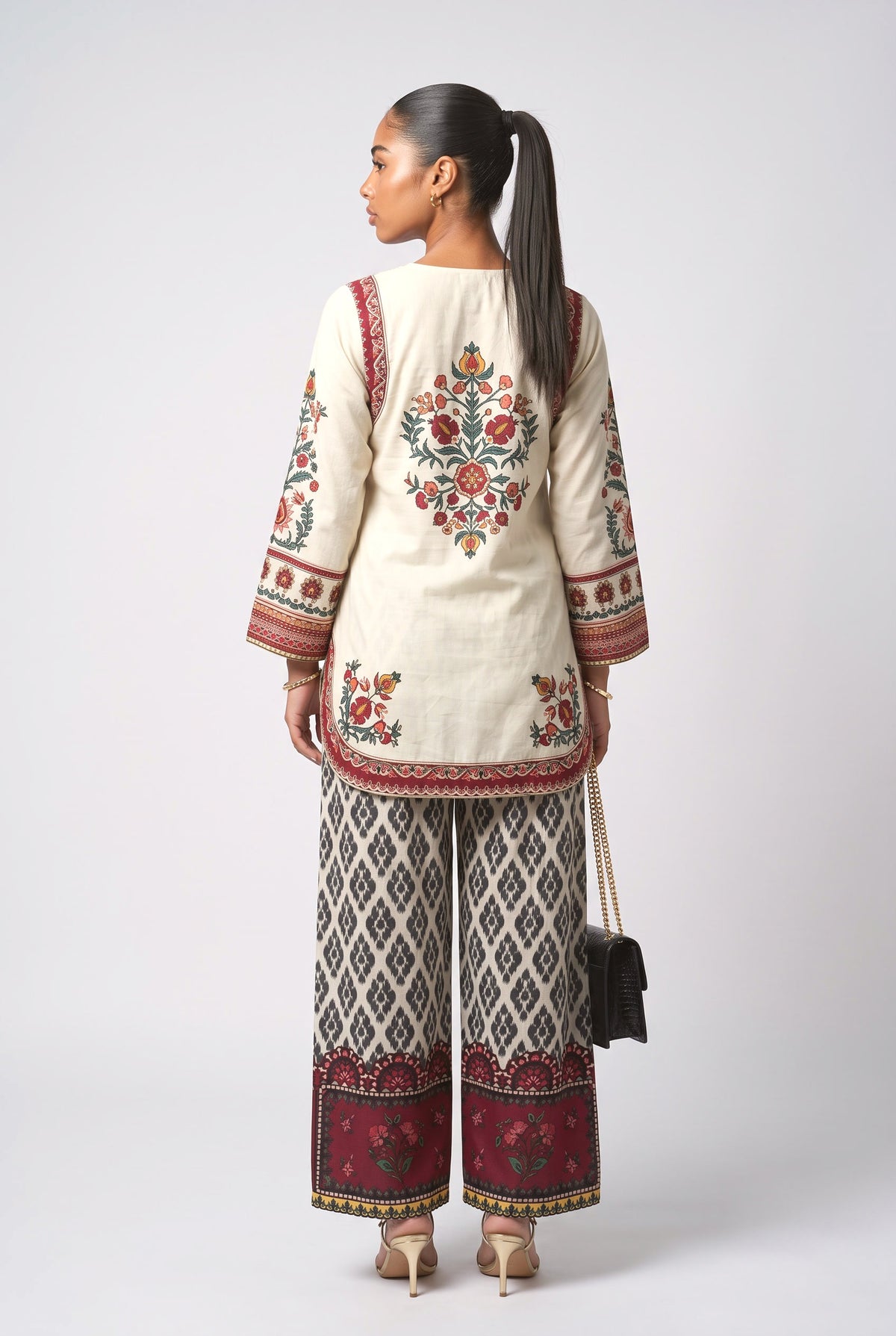 Ethnic Print Elastic Waist Wide-Leg Pants, back view