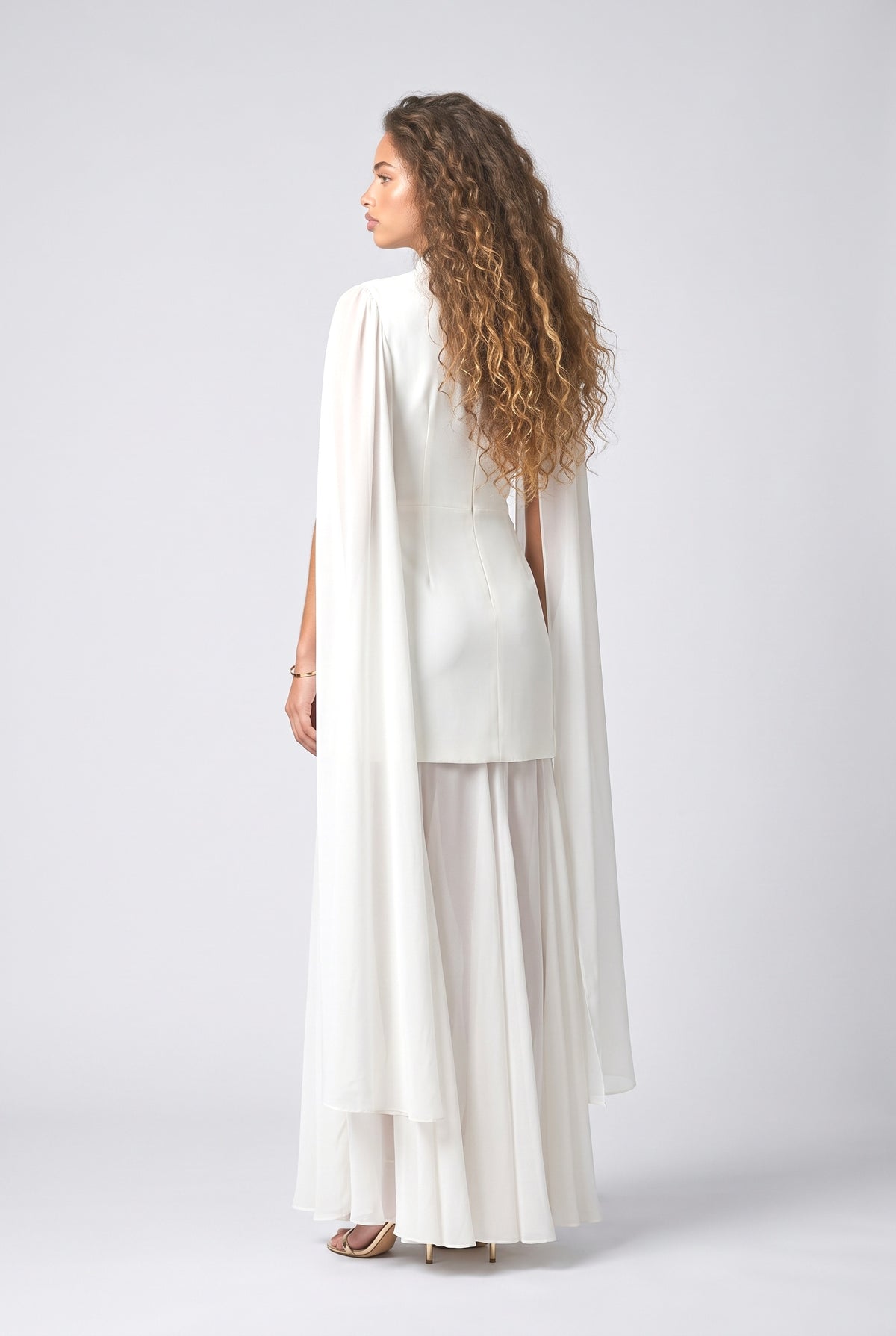 White Chiffon High Neck Cape Maxi Dress, back view