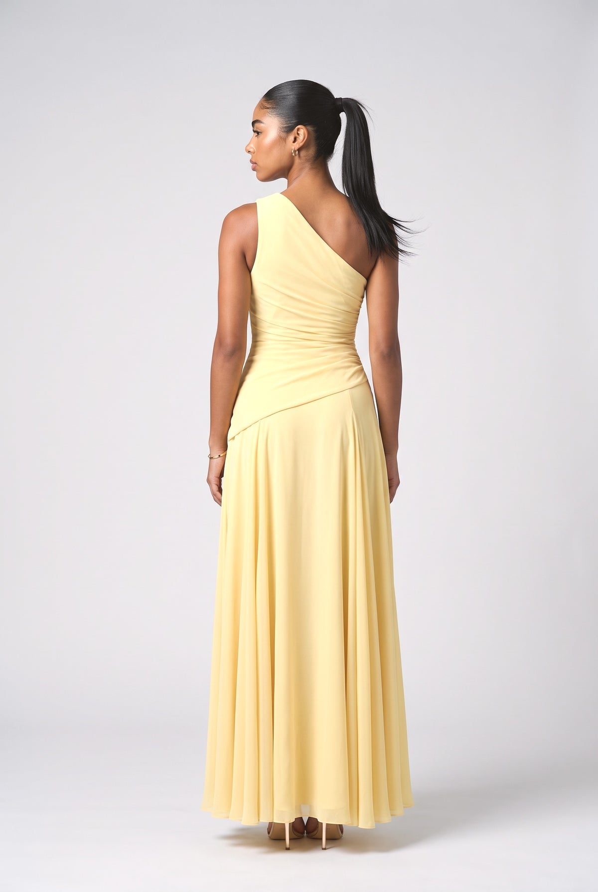 Chiffon One-Shoulder Ruched Maxi Dress, back view