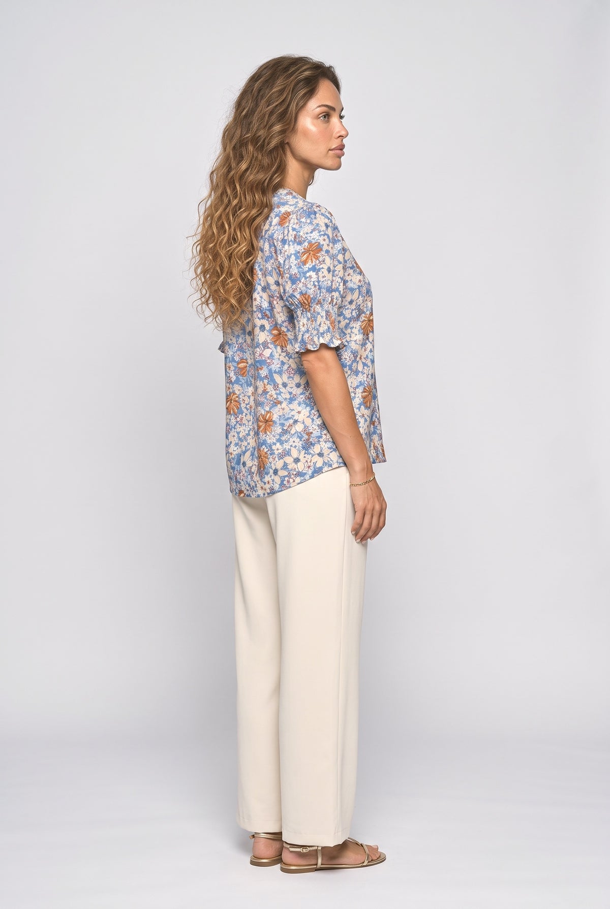 V-Neck Floral Puff Sleeve Blouse, back view