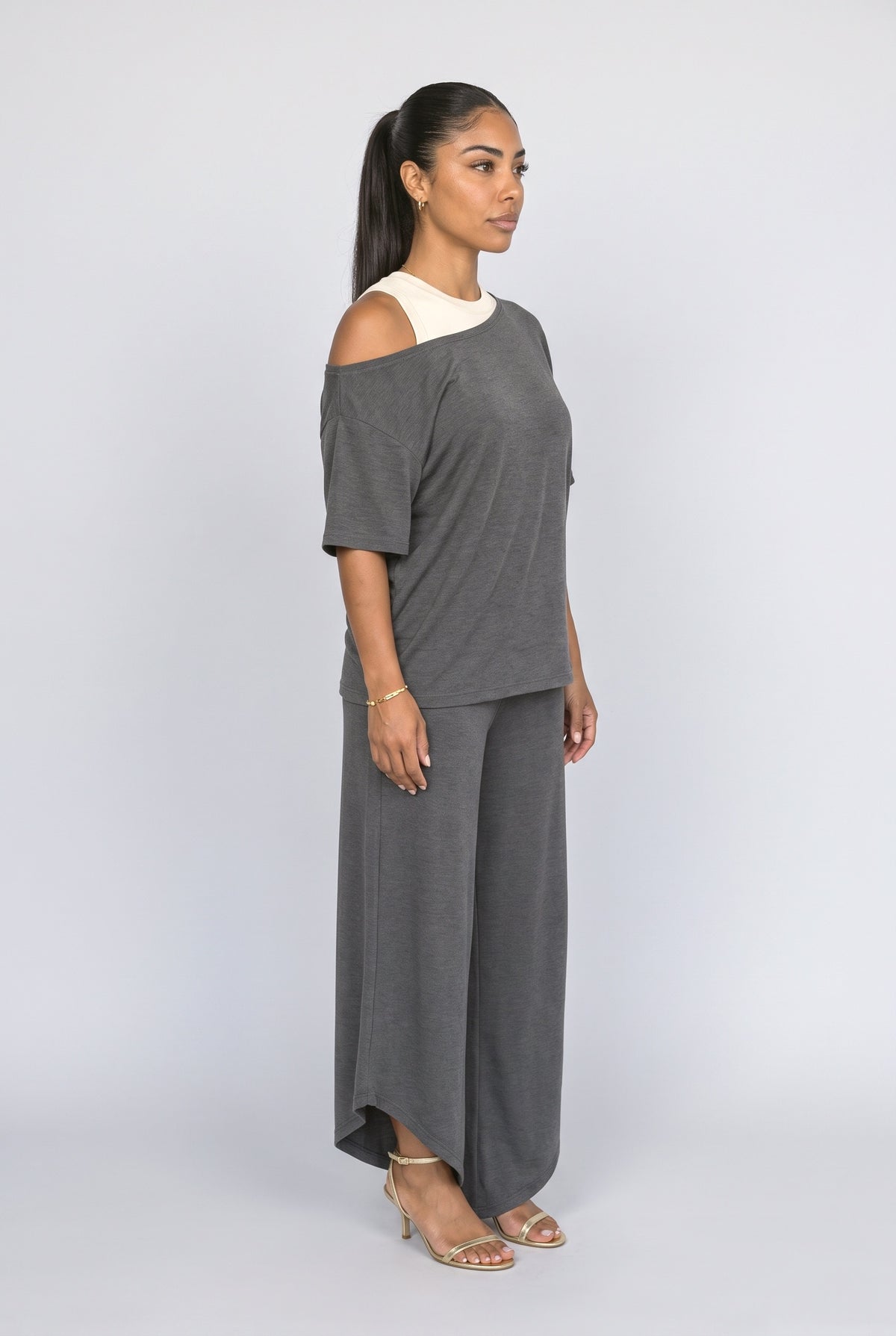 Off-Shoulder Asymmetric Wide Leg Pants, back view
