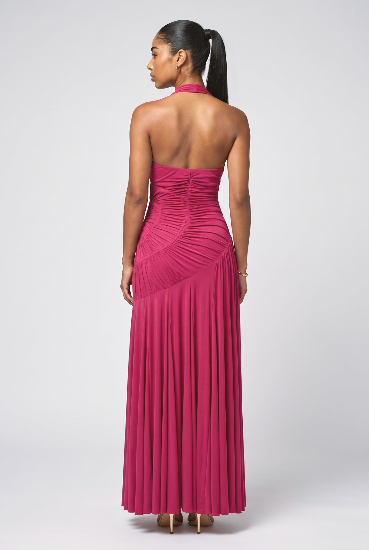 Halter Neck Ruched Pleated Maxi Dress, back view