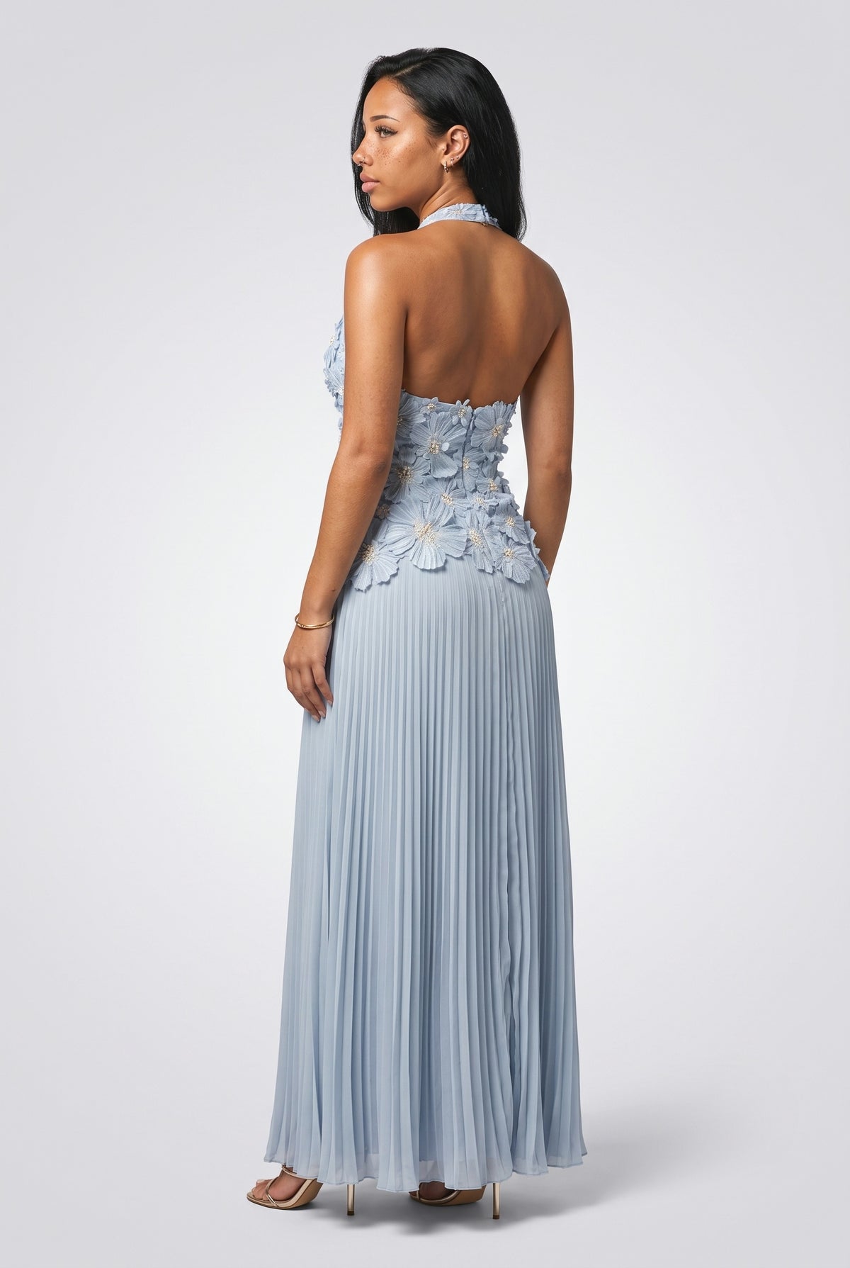 Floral Halter Neck Ruched Maxi Dress, back view