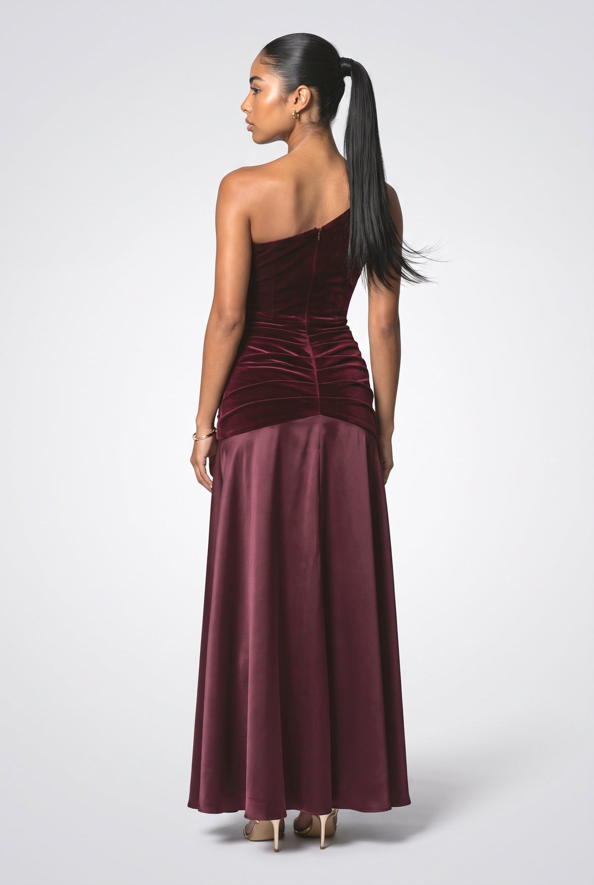 Red Satin Ruched Maxi Dress, back view