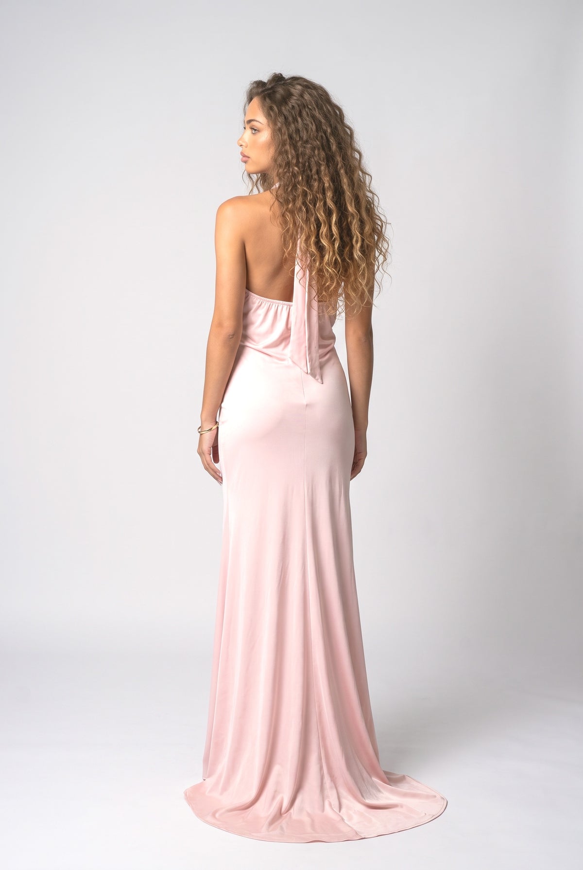 Satin Halter Neck Draped Maxi Dress, back view