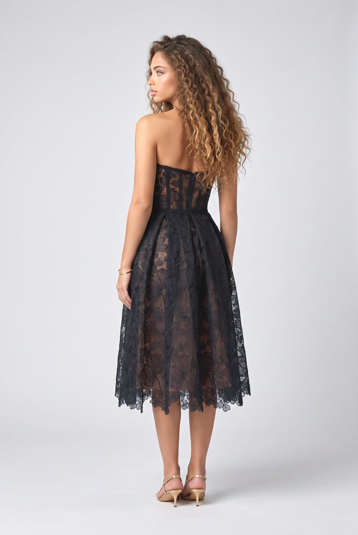 Black Lace Off-Shoulder Cutout Midi Dress, back view