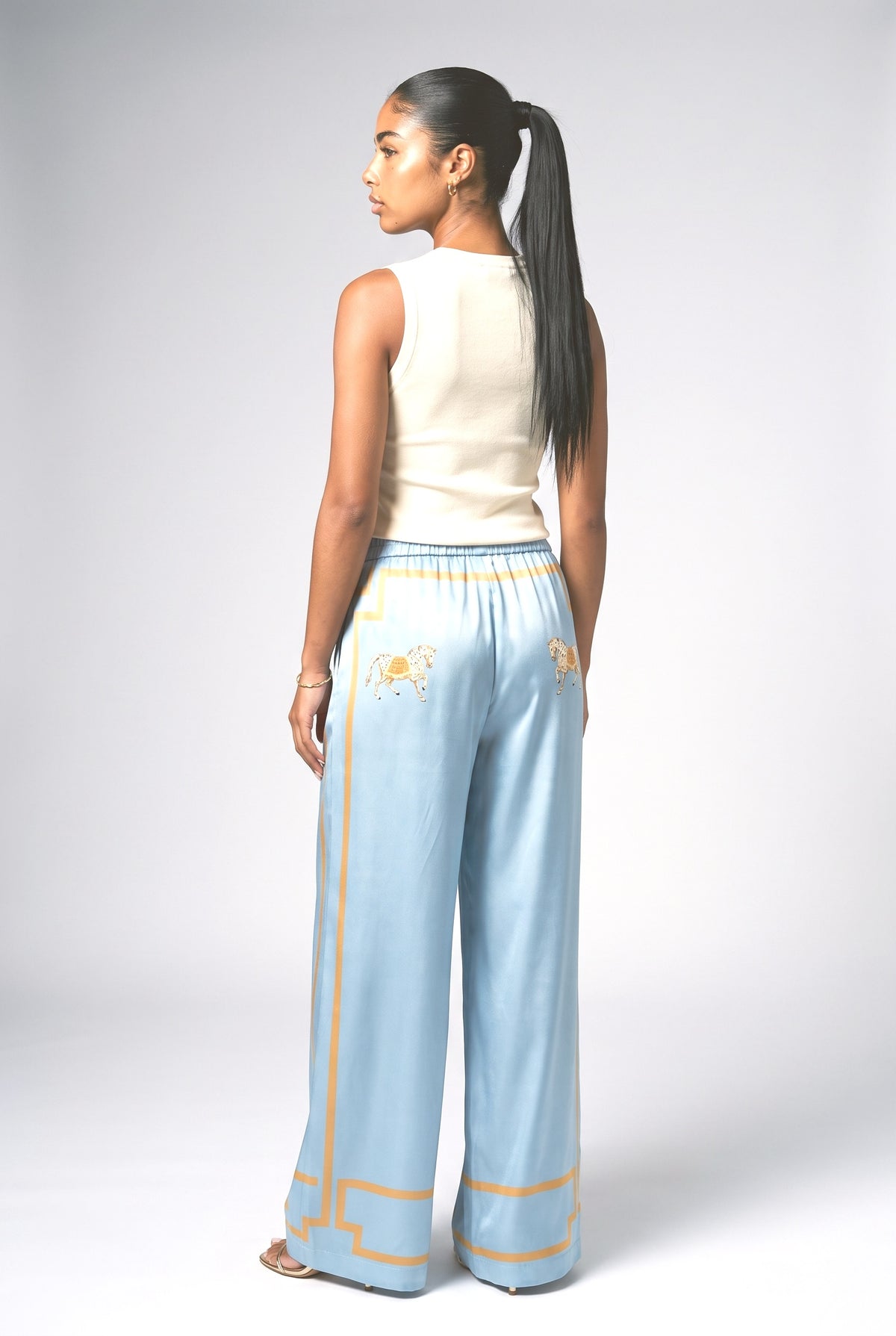Satin Horse Print Wide-Leg Pants, back view