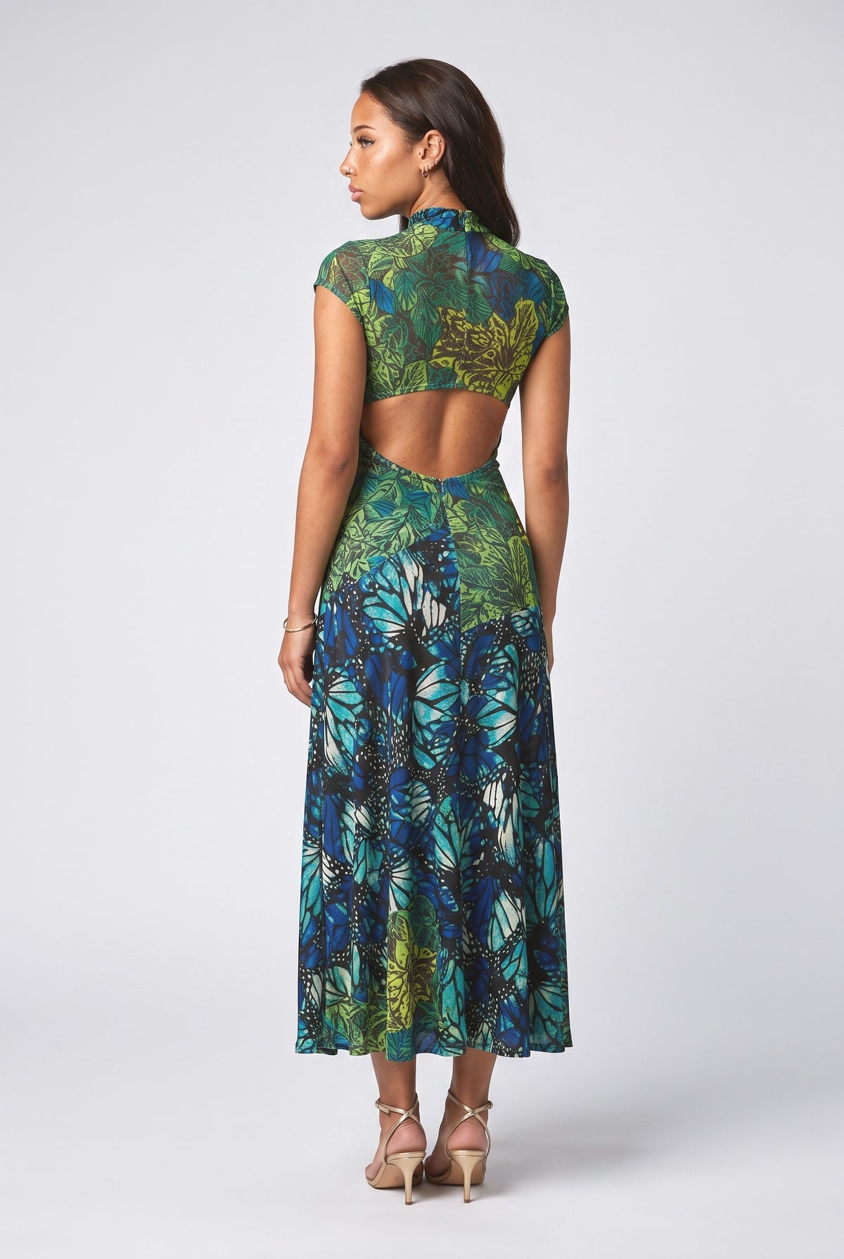 Blue Tropical Cutout Maxi Dress, back view