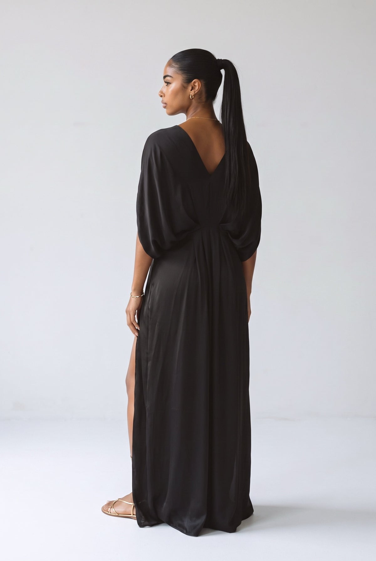 Black V-Neck Pleated Maxi Dress, back view
