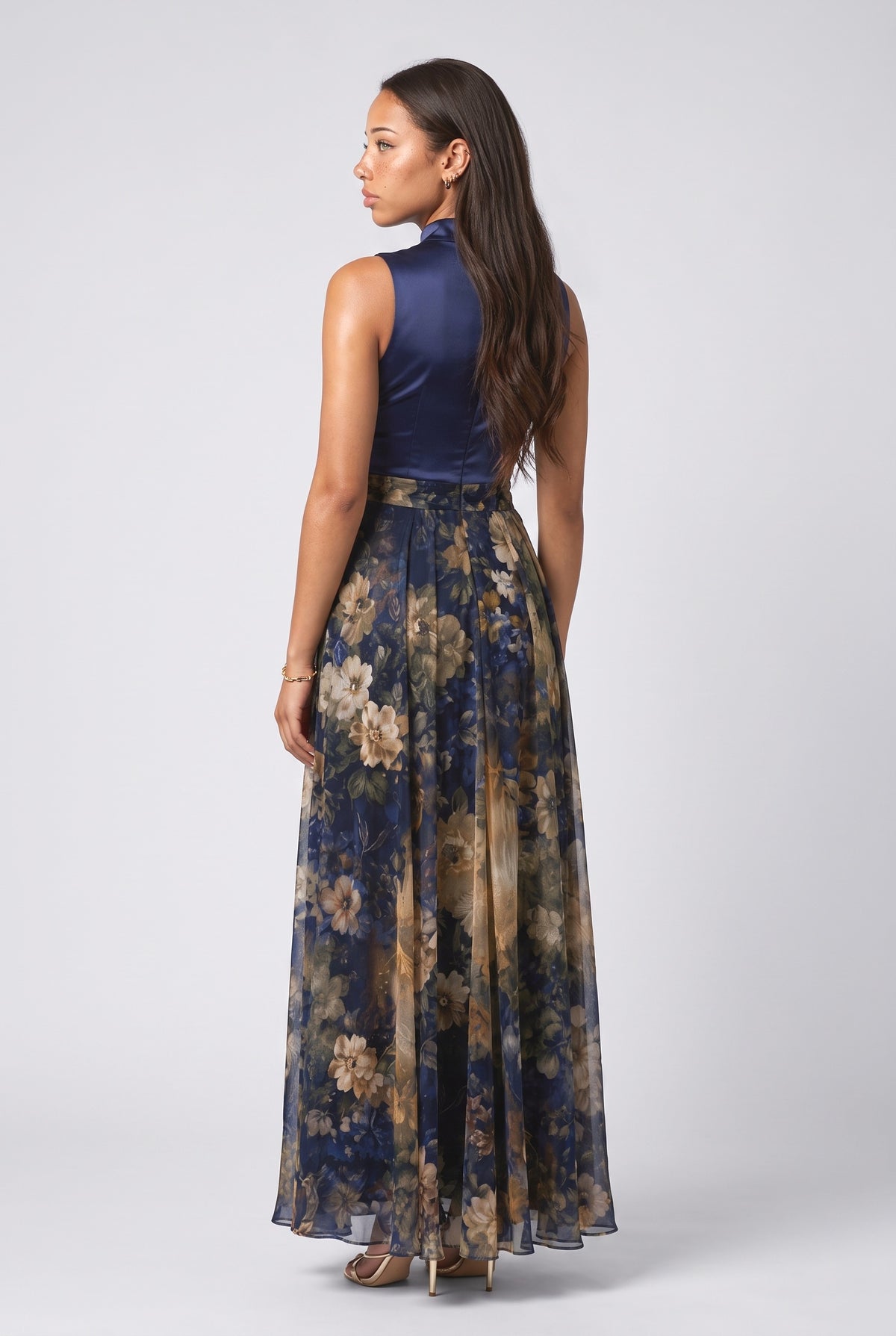 Blue Floral Satin High Neck Maxi Dress, back view