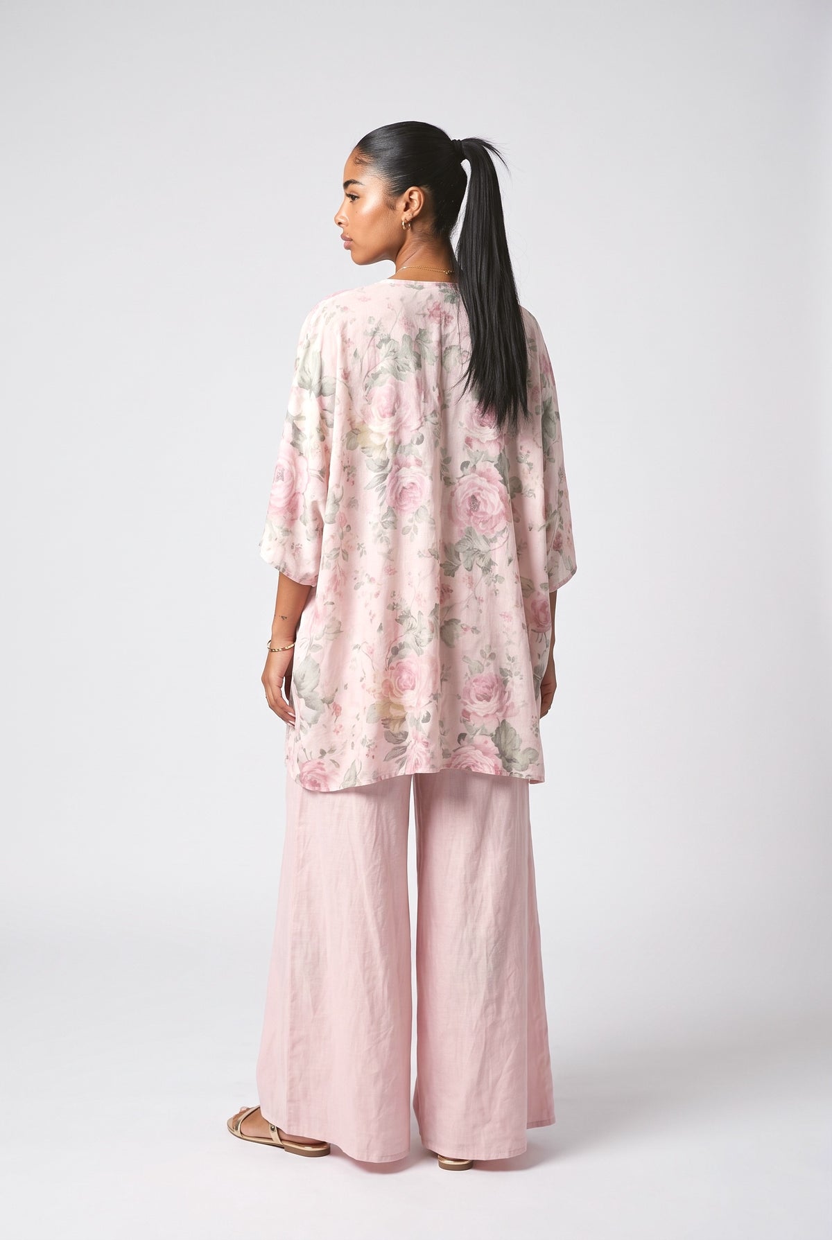 Floral Print Flowing Top & Wide-Leg Pants Set, back view