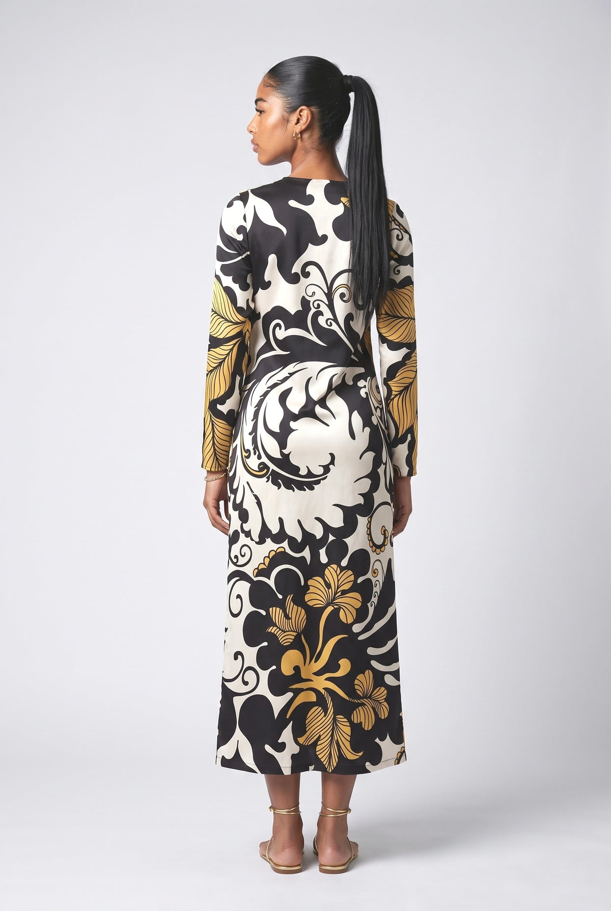 Black Satin Midi Dress, back view
