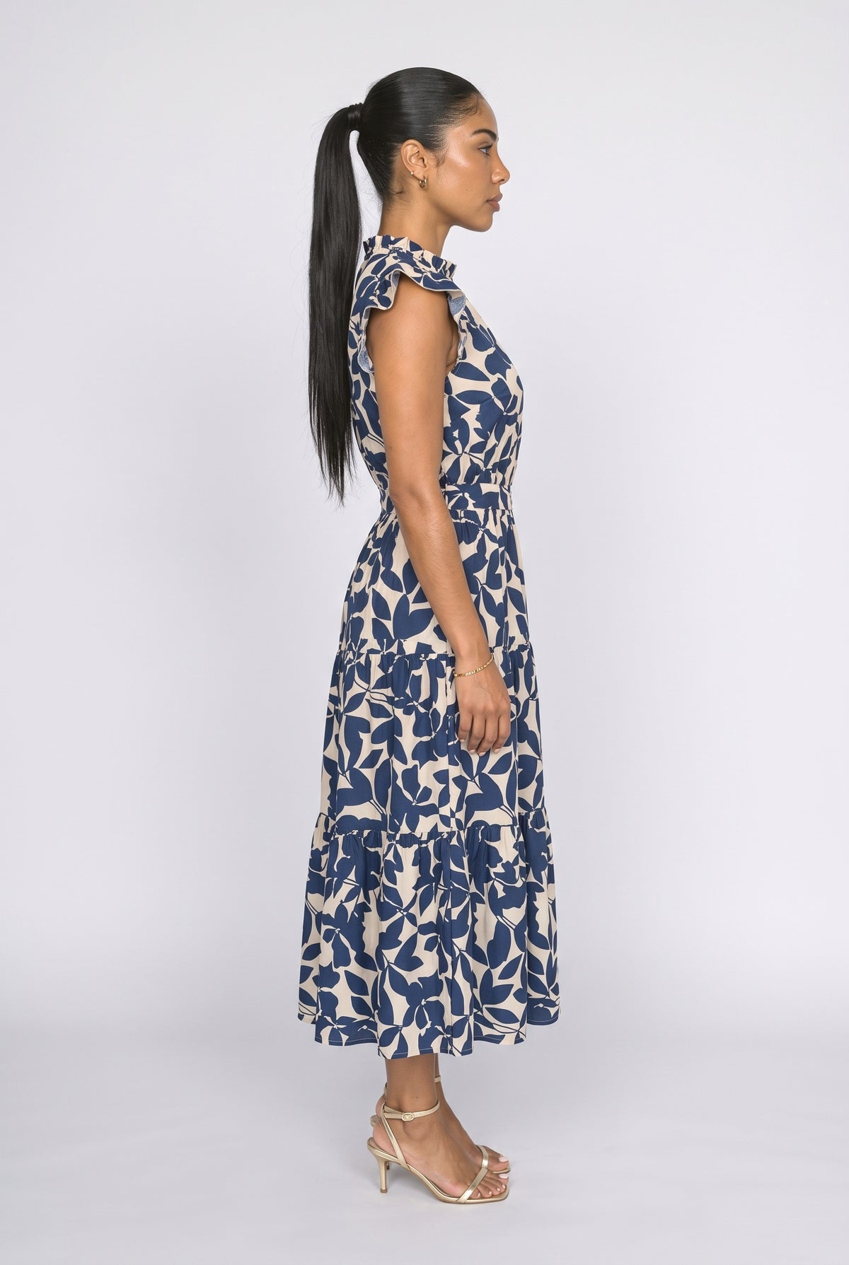 Floral Flutter Sleeve Tiered Midi Dress, back view