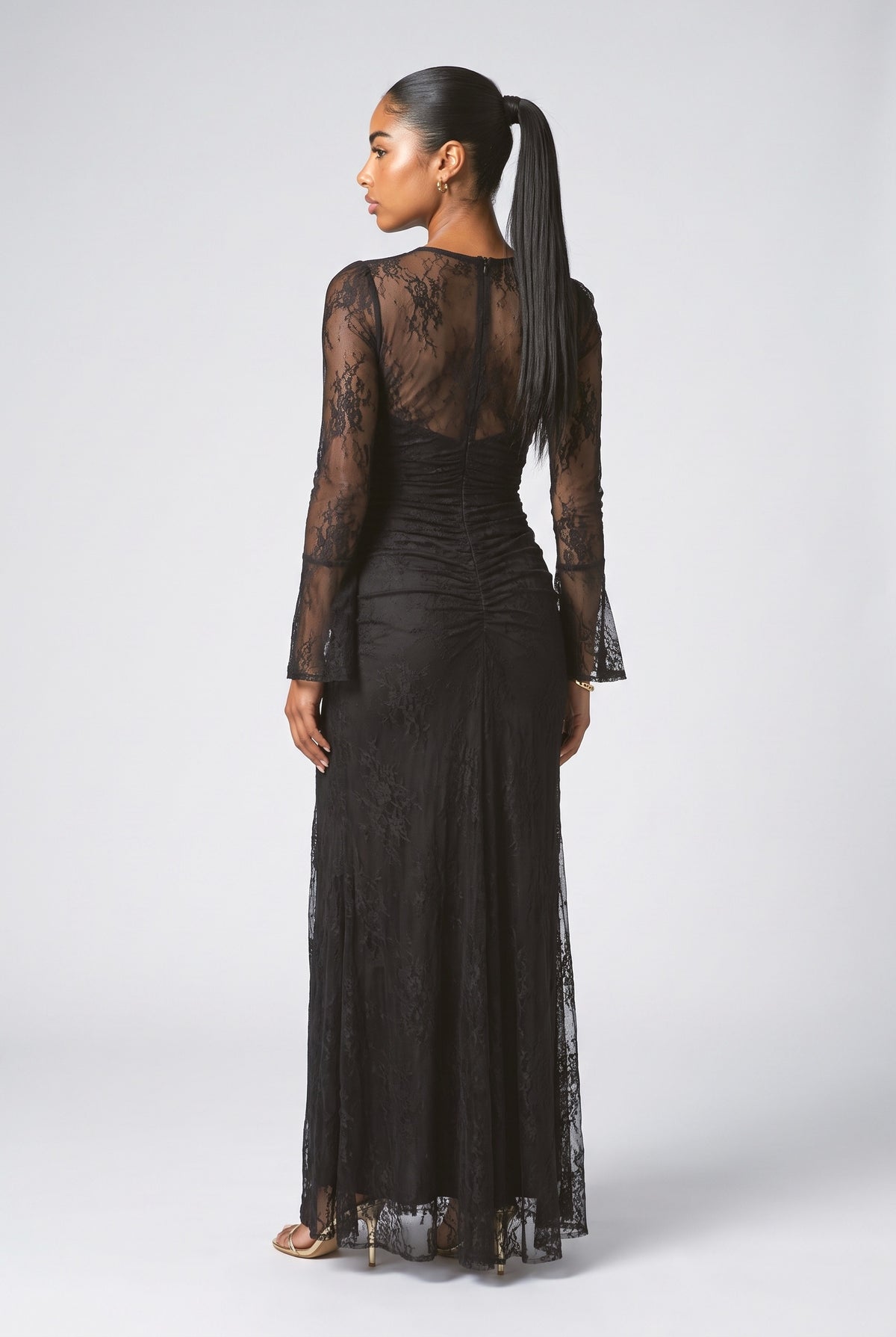 Sheer Tulle Lace High Slit Maxi Dress, back view