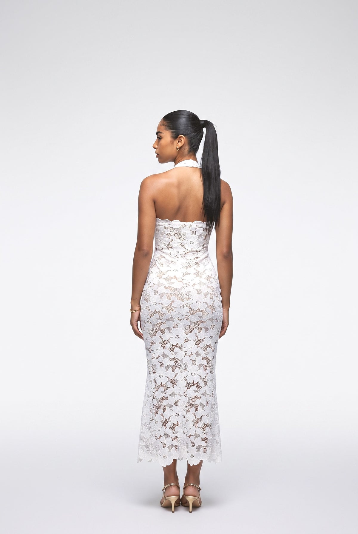 White Lace Halter Neck Midi Dress, back view
