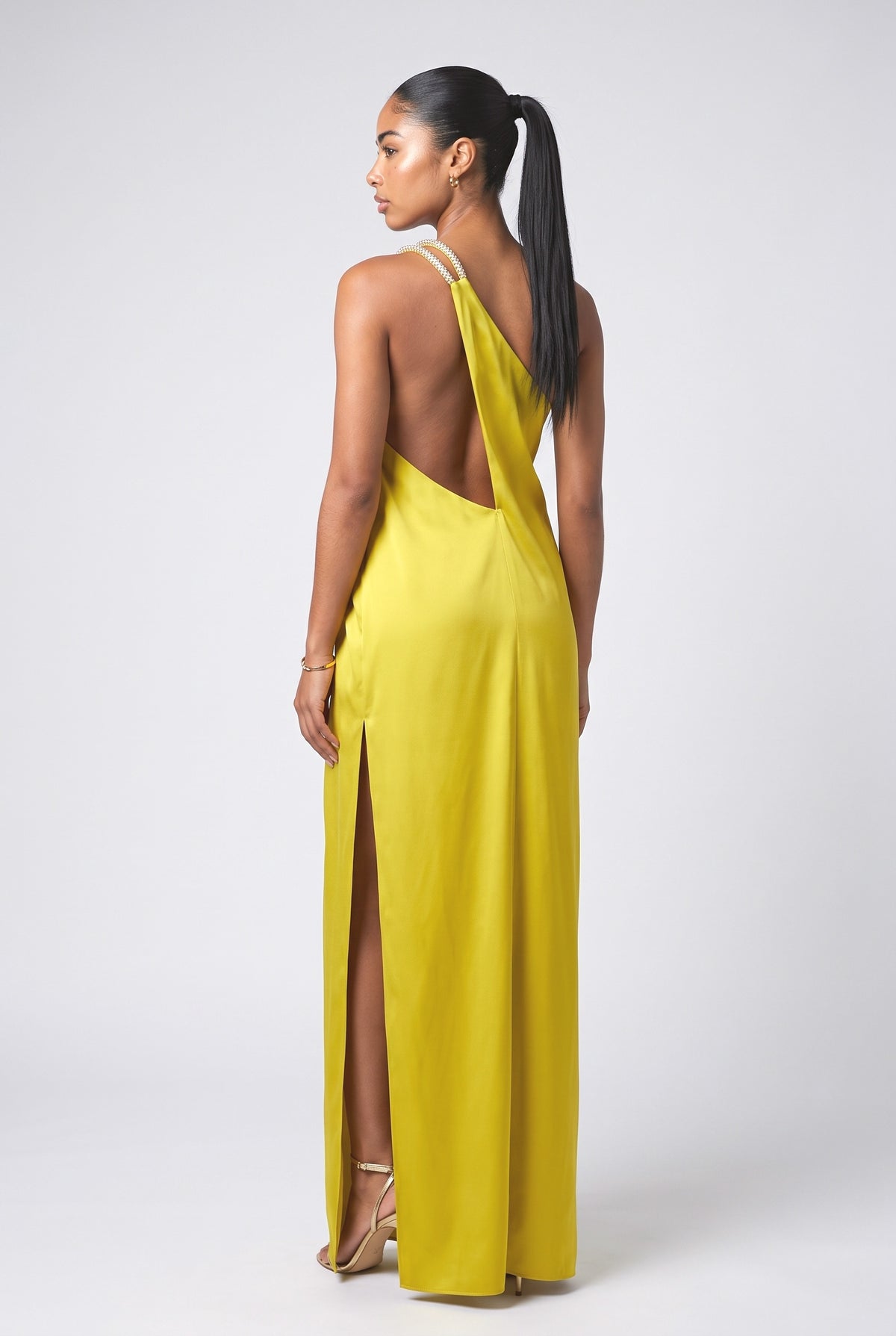 Green Off-Shoulder Asymmetric Dress, back view