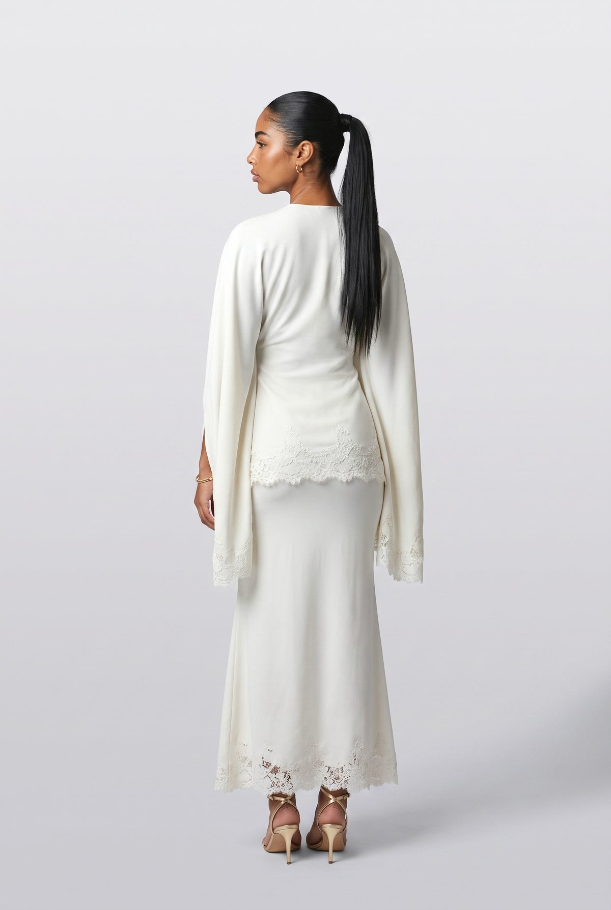 White Lace Batwing Sleeve Mermaid Outfit Set, back view