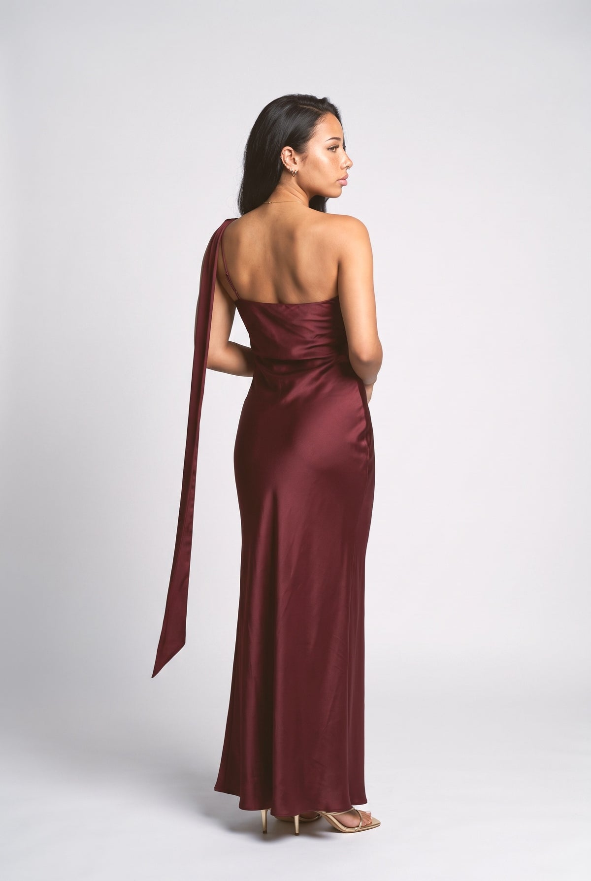 Red Satin One-Shoulder Asymmetric Maxi Dress, back view