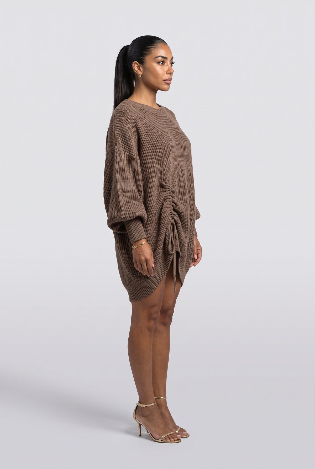 Brown Knit Ruched Oversized Sweater, back view