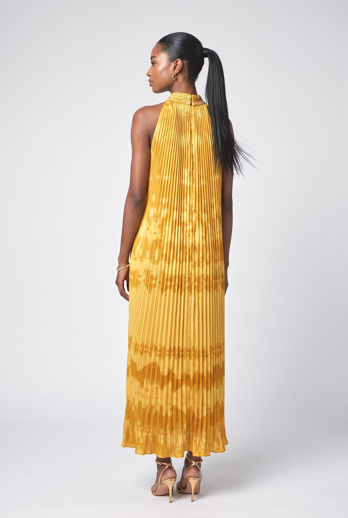 Yellow Abstract Pleated Maxi Dress, back view