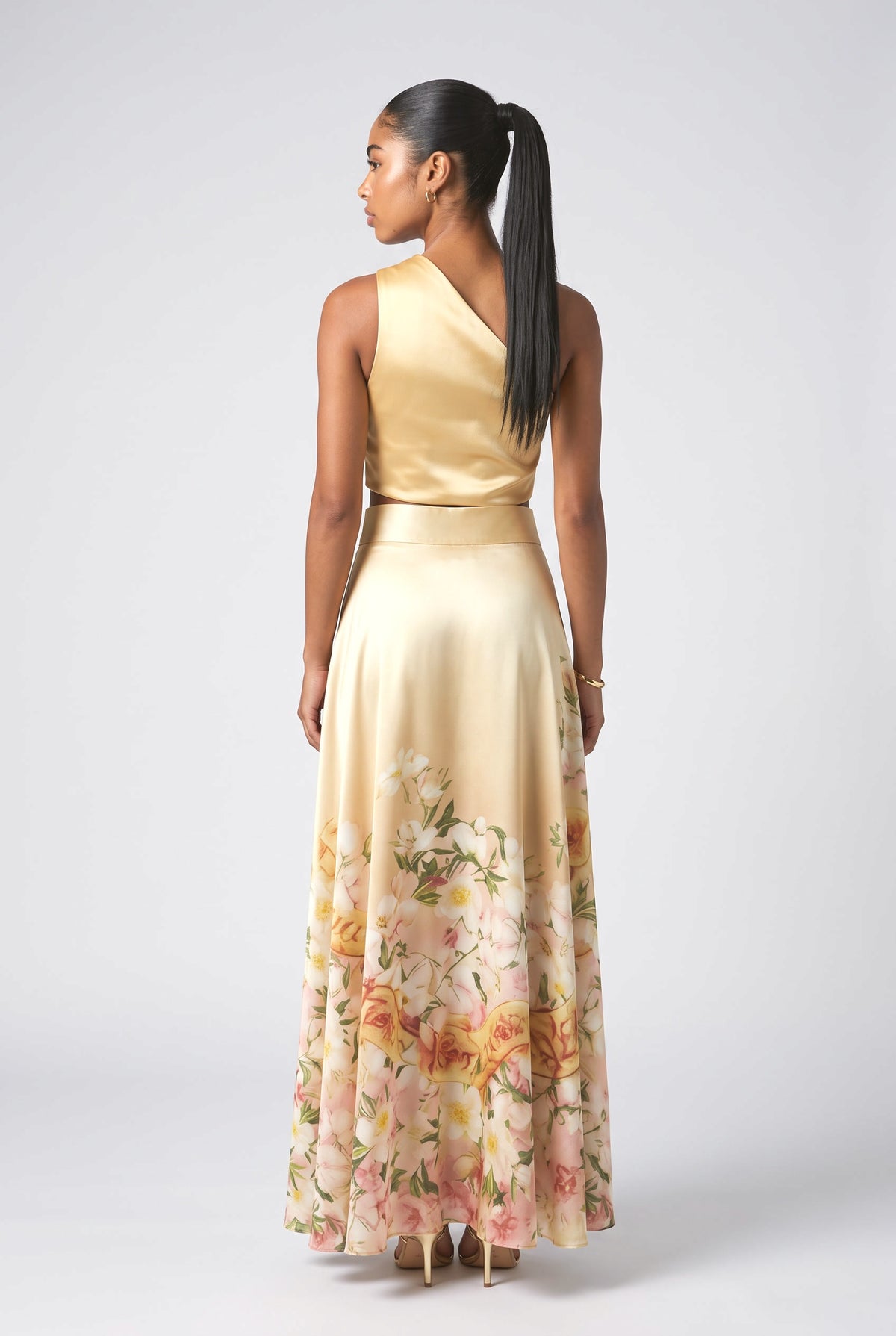 Gold Floral Satin One-Shoulder Outfit Set, back view