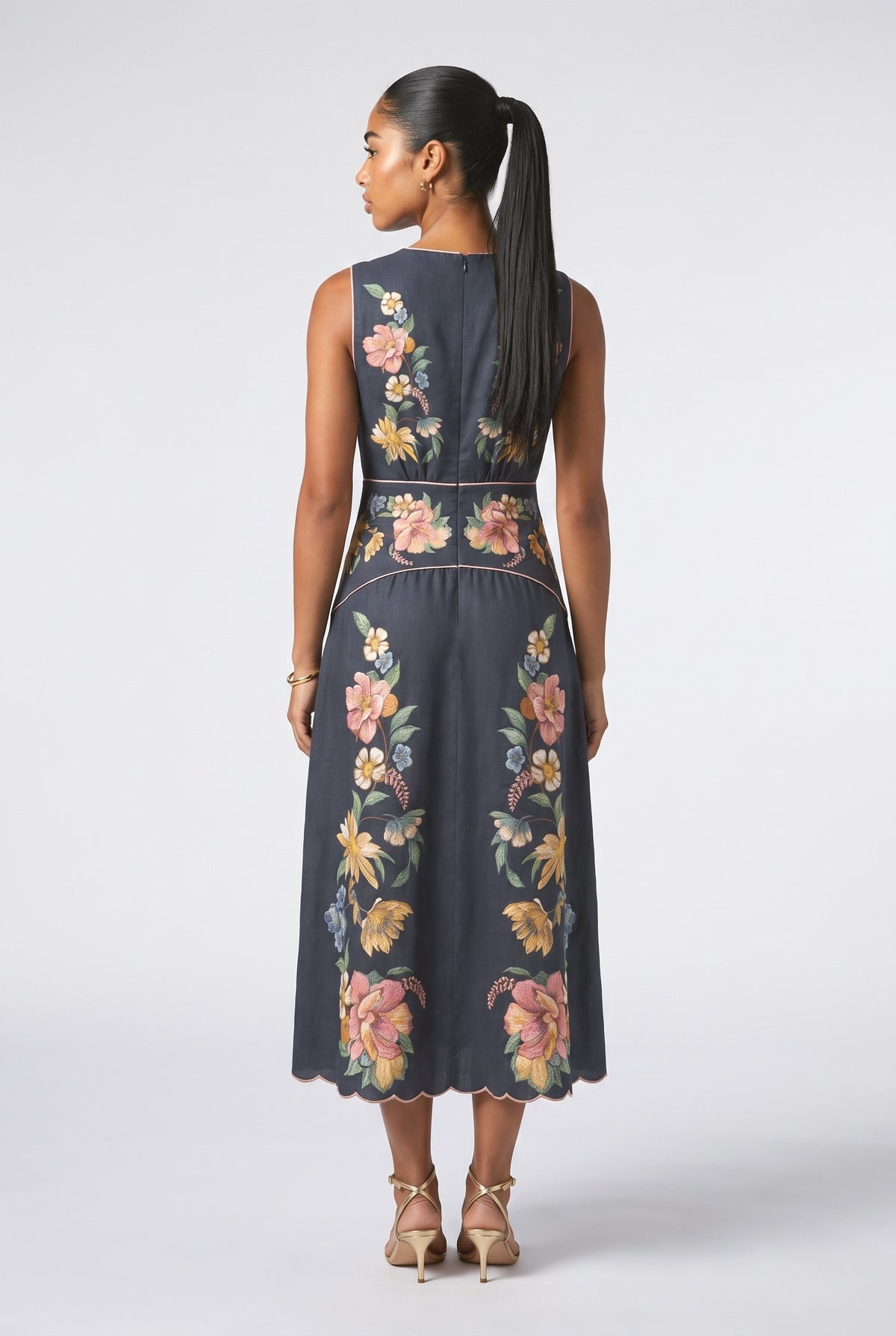Blue Floral V-Neck Sleeveless Midi Dress, back view