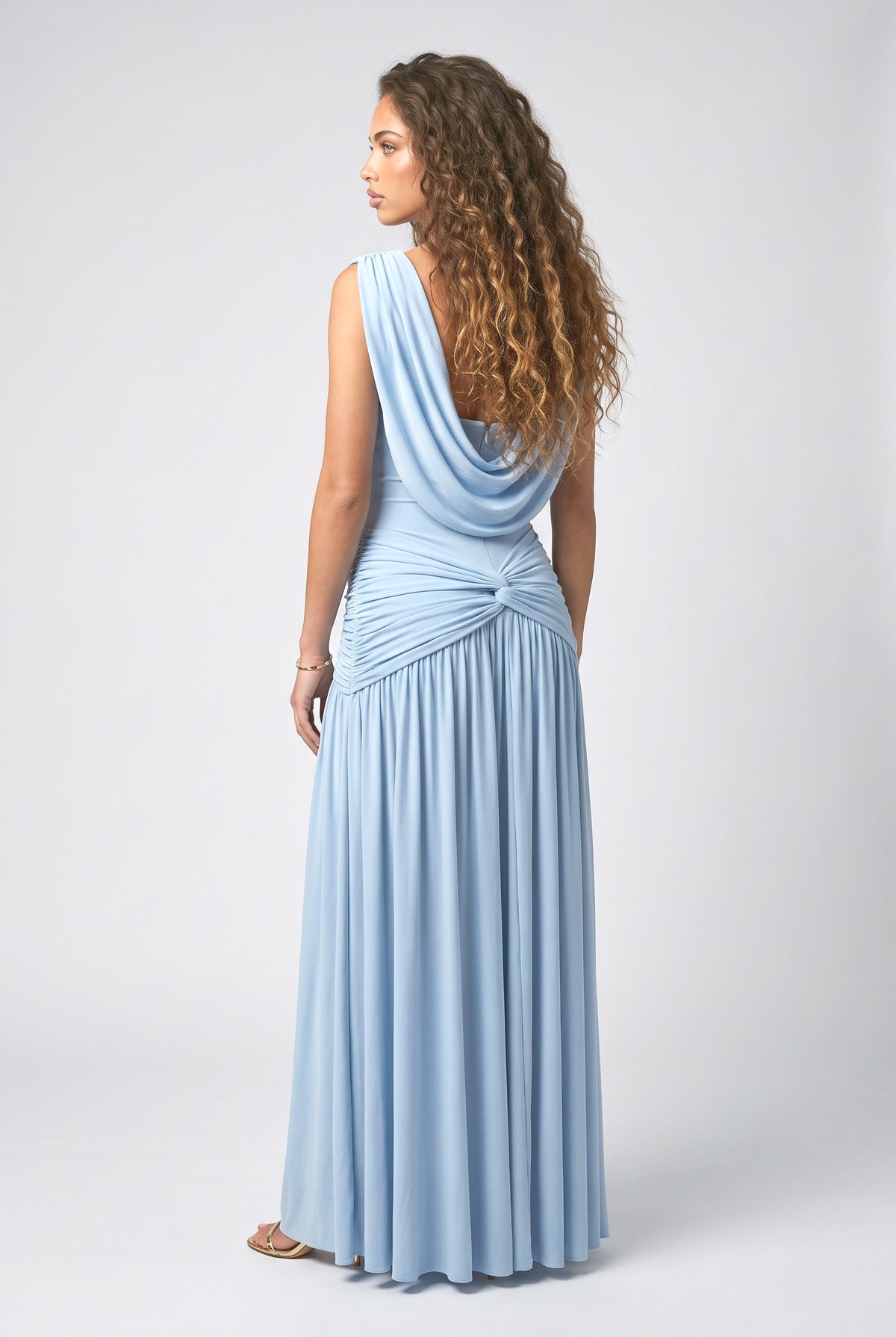 Blue Off-Shoulder Pleated Maxi Dress, back view