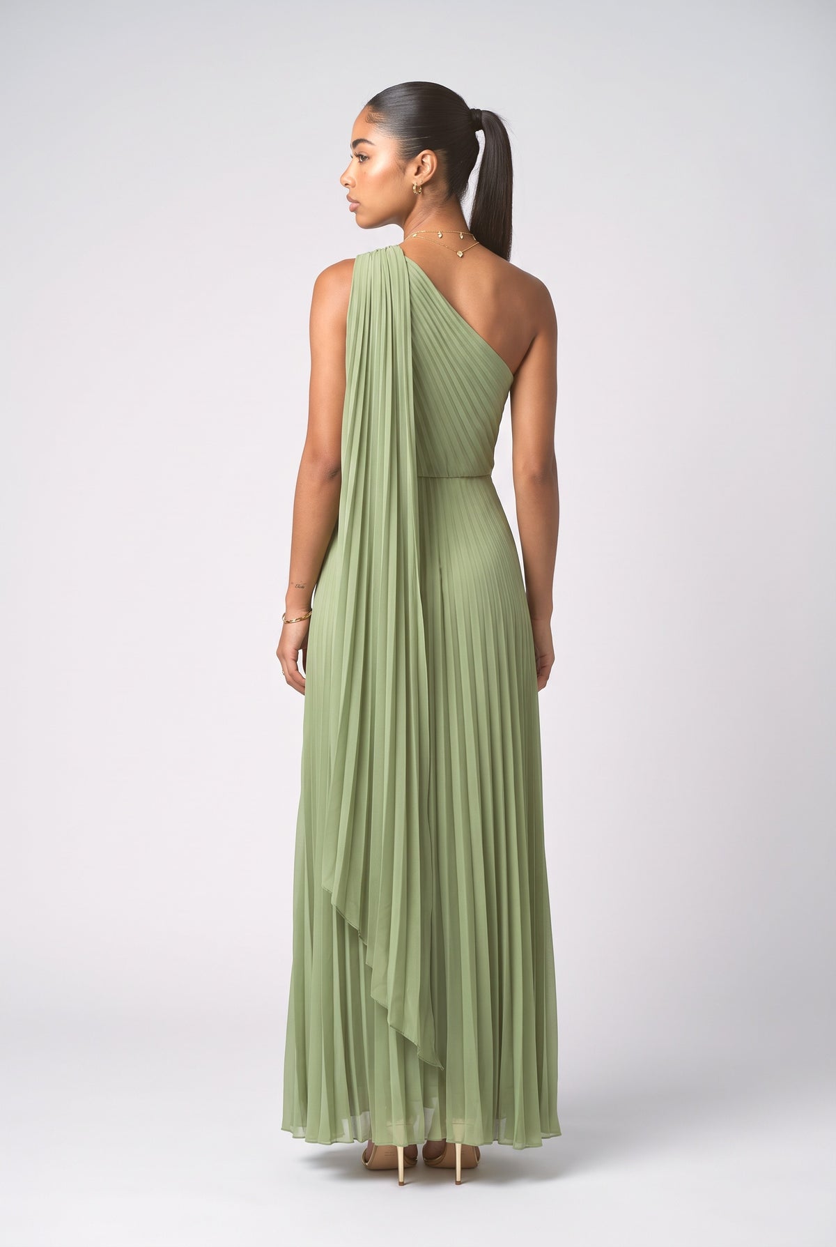Flowing Pleated Off-the-Shoulder Maxi Dress, back view