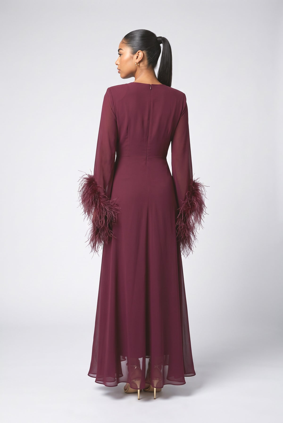 Burgundy Feather Trim Maxi Dress, back view