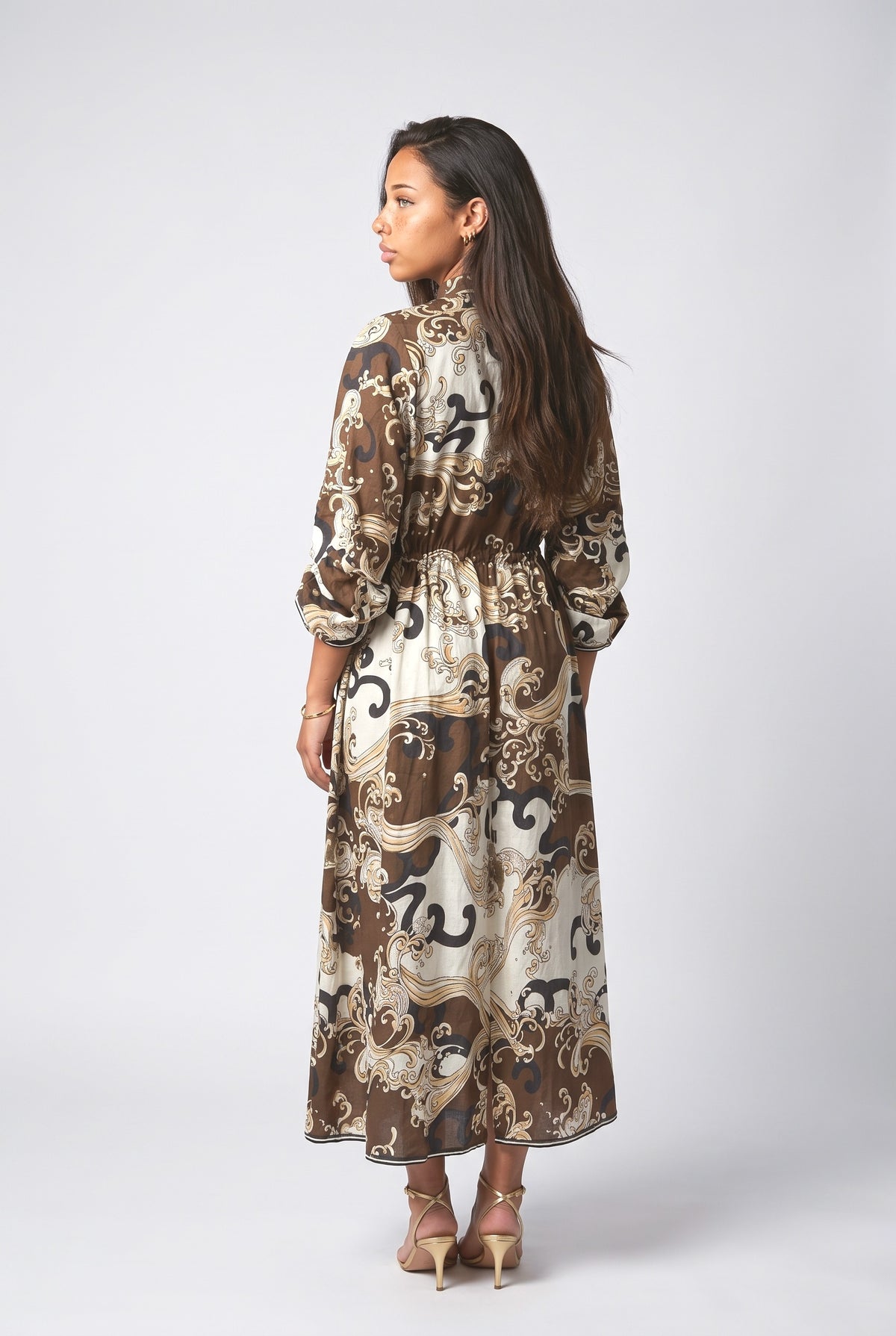 Brown Abstract Long Sleeve Maxi Dress, back view