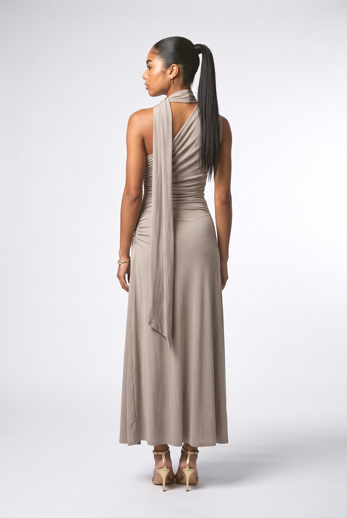 Brown One-Shoulder Ruched Maxi Dress, back view