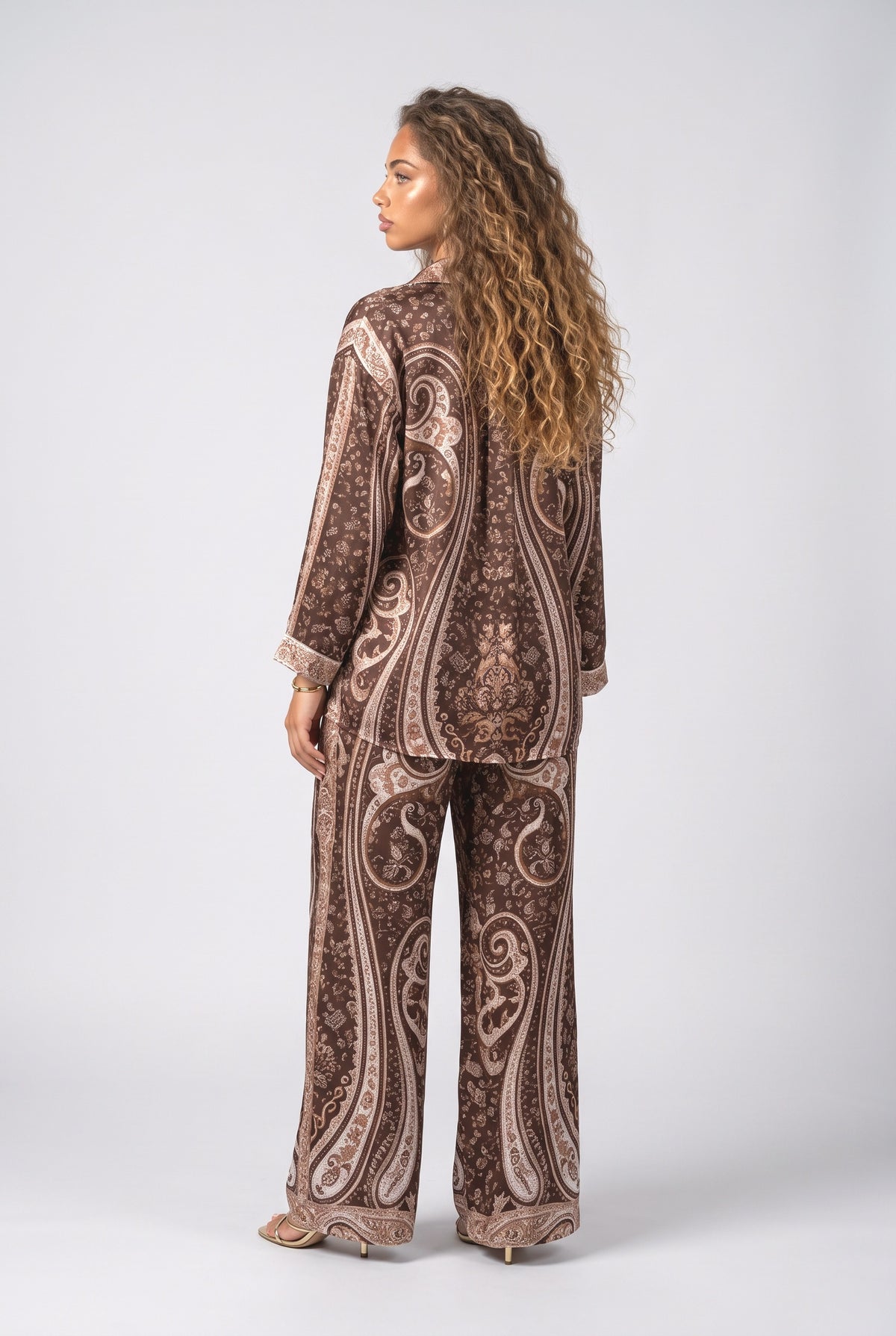 Brown Paisley Satin Outfit Set, back view